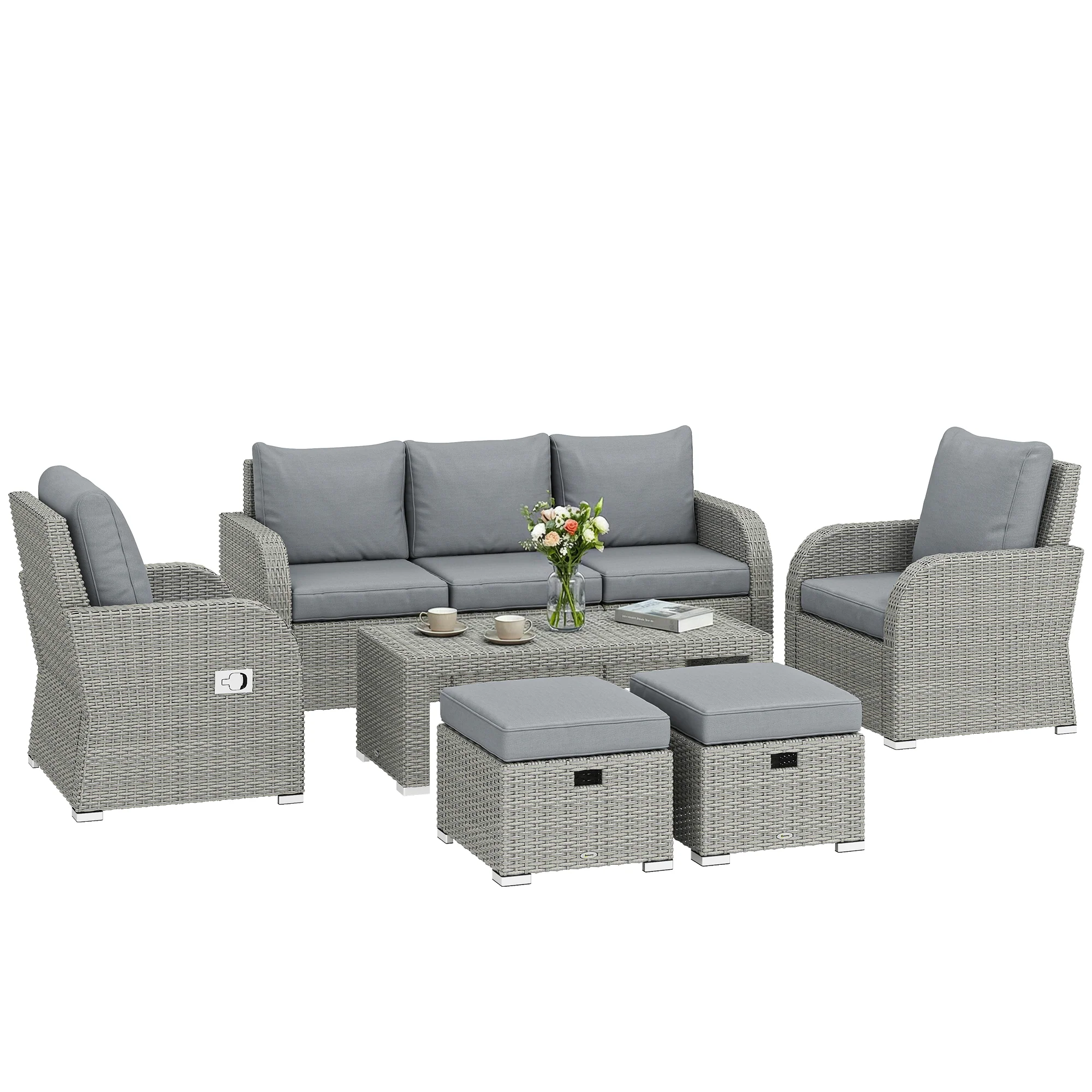 Outsunny Rattan Garden Furniture Set With Recliners, Footstools, Dark Grey