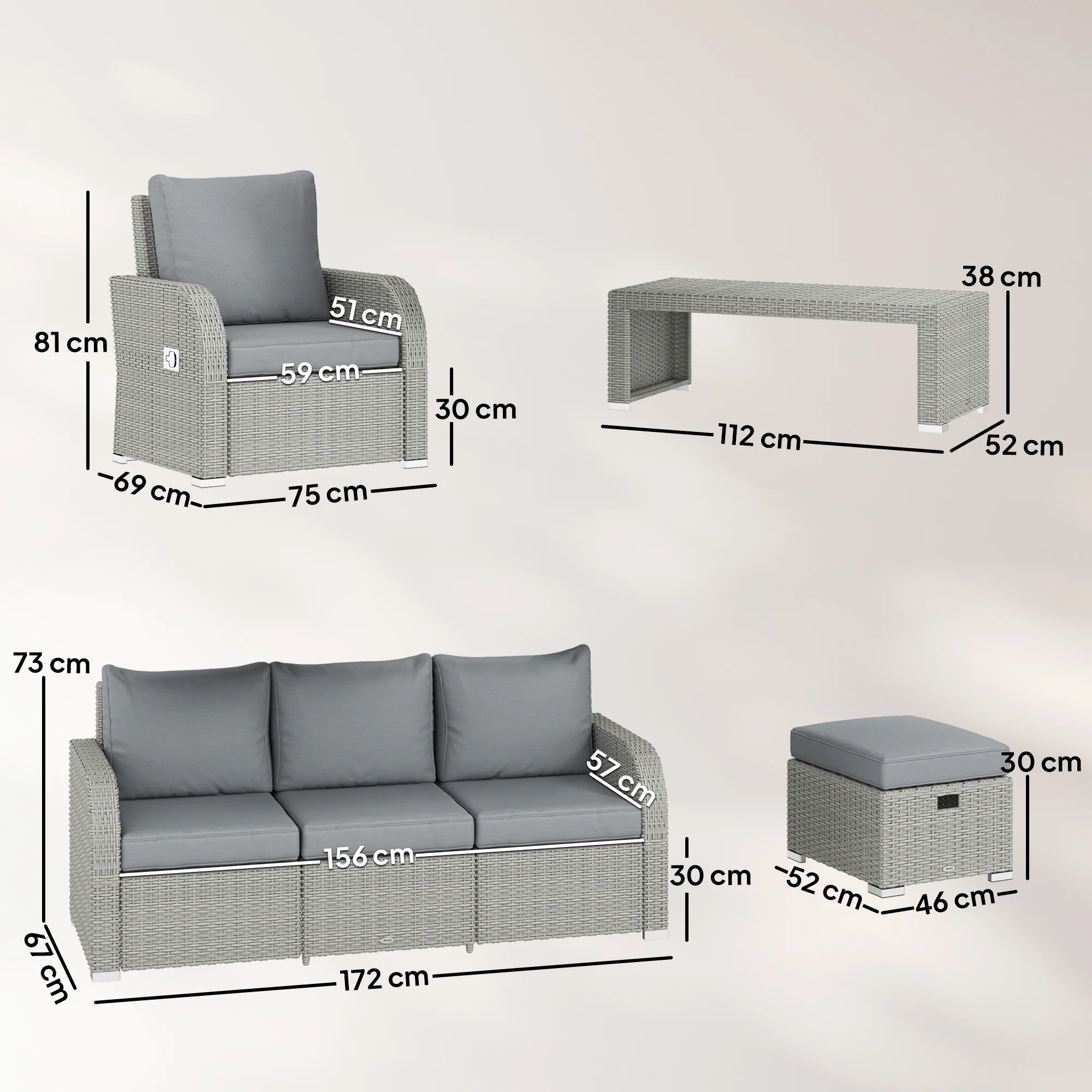 Outsunny Rattan Garden Furniture Set With Recliners, Footstools, Dark Grey - Image 3