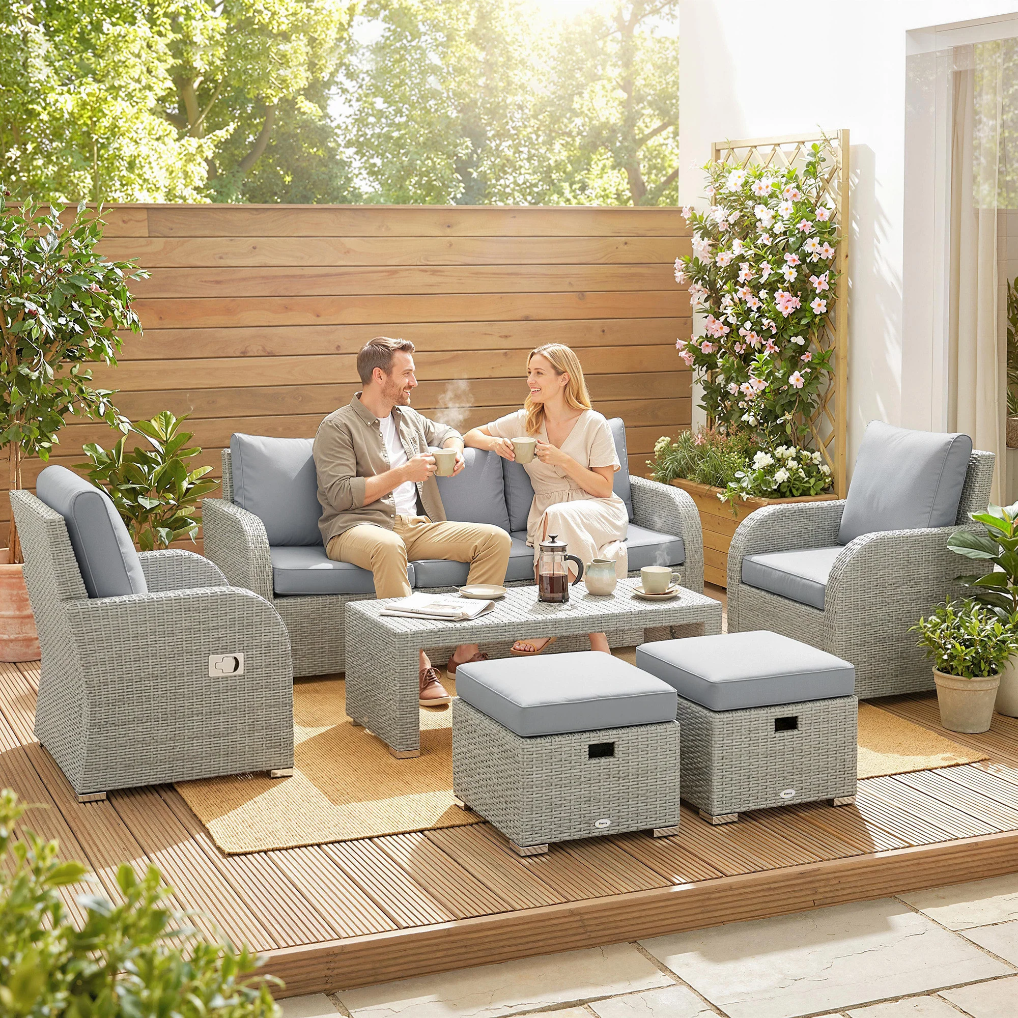 Outsunny Rattan Garden Furniture Set With Recliners, Footstools, Dark Grey - Image 9