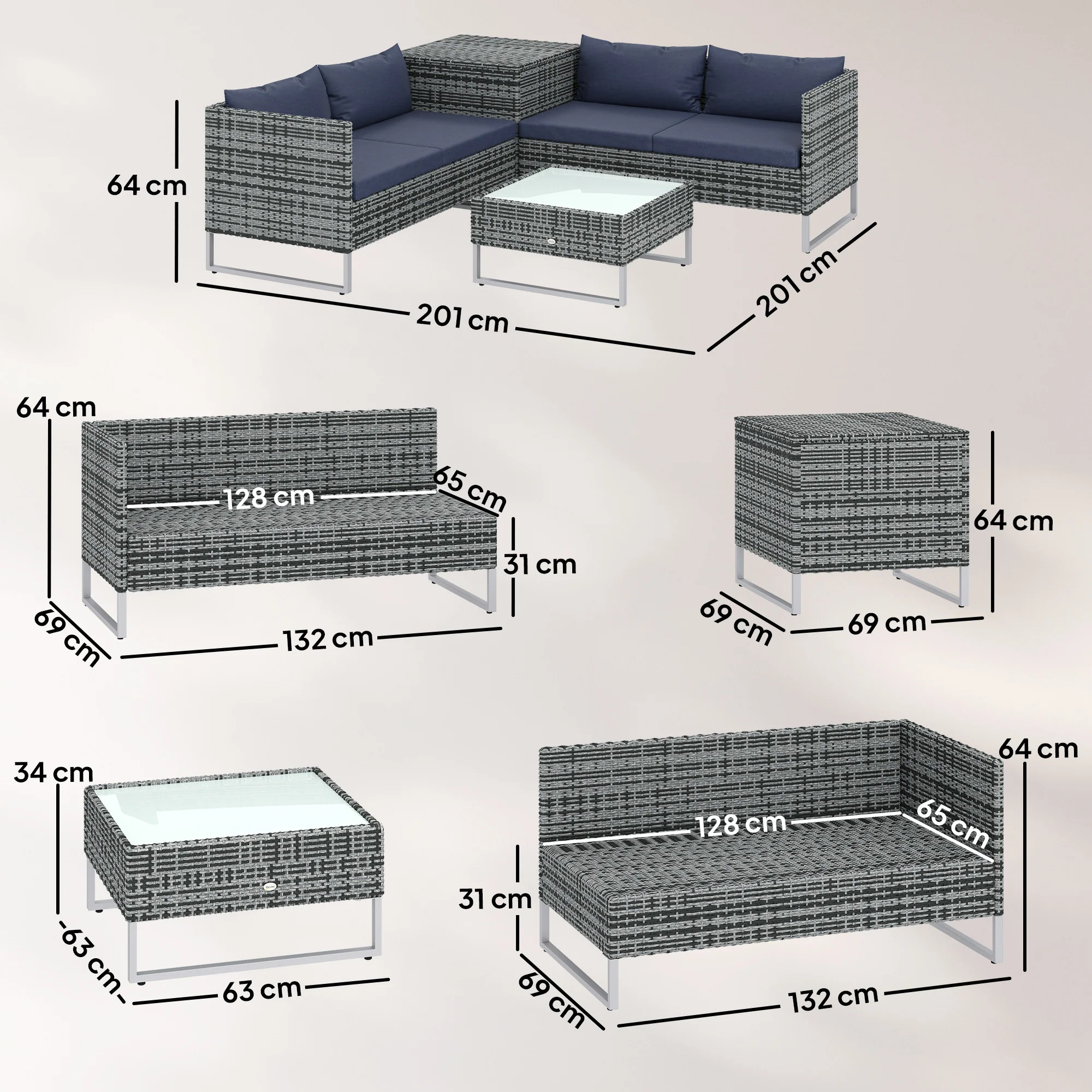 Outsunny Rattan Garden Furniture Set With Storage Table, Cushions, Dark Blue - Image 3