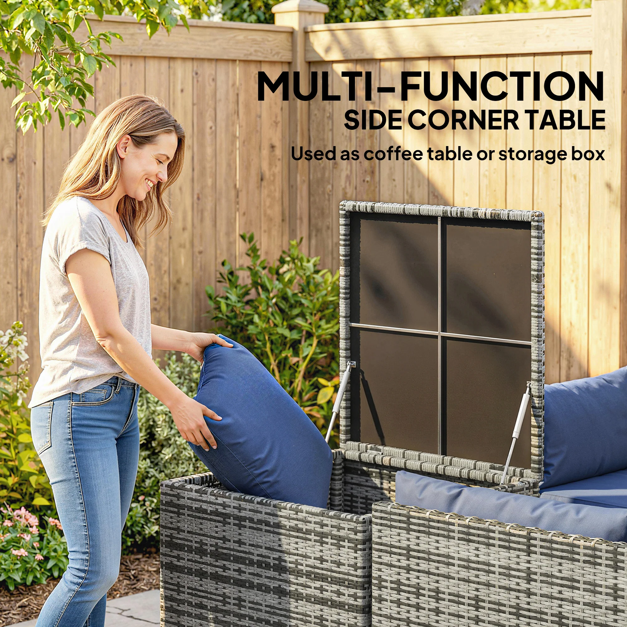 Outsunny Rattan Garden Furniture Set With Storage Table, Cushions, Dark Blue - Image 4