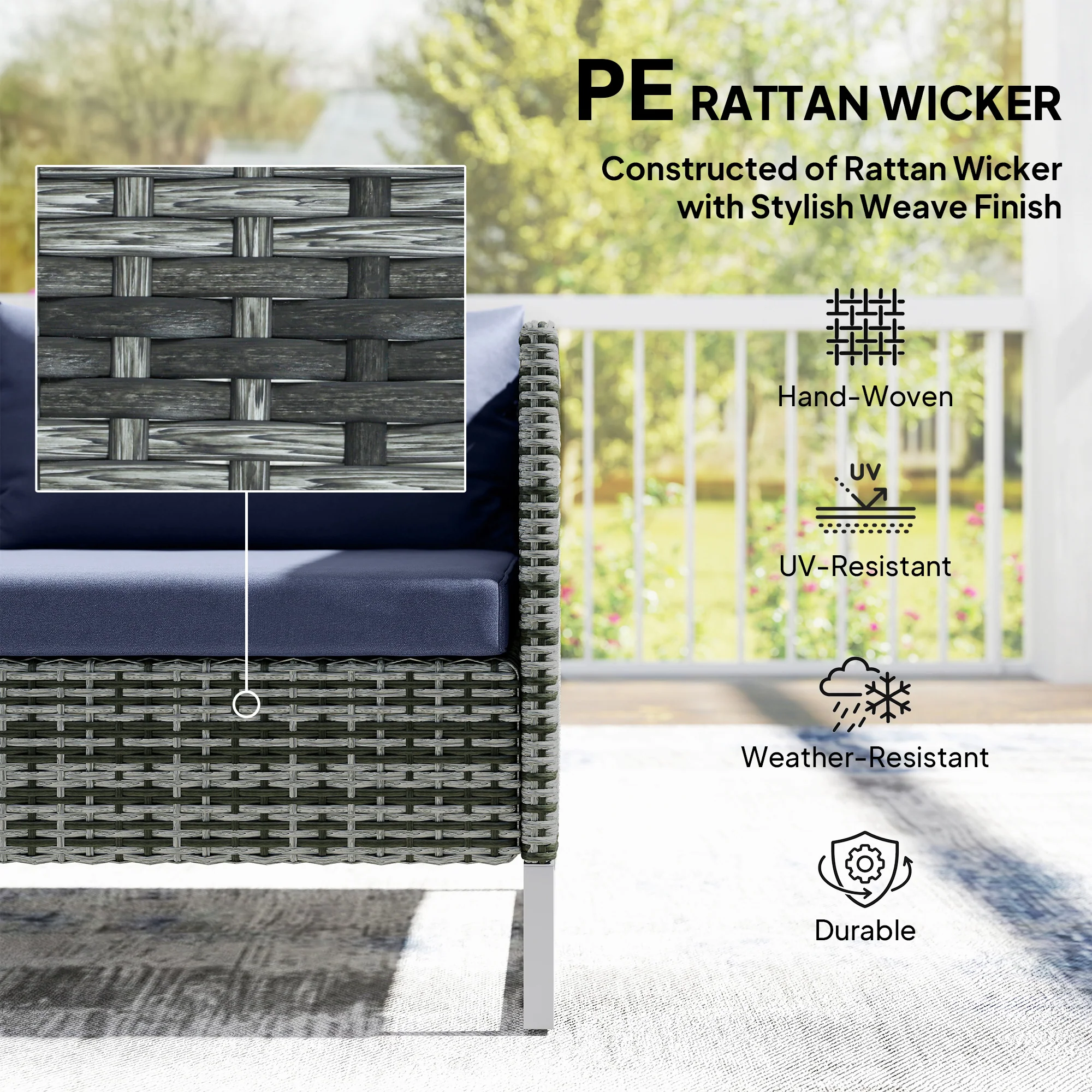 Outsunny Rattan Garden Furniture Set With Storage Table, Cushions, Dark Blue - Image 5