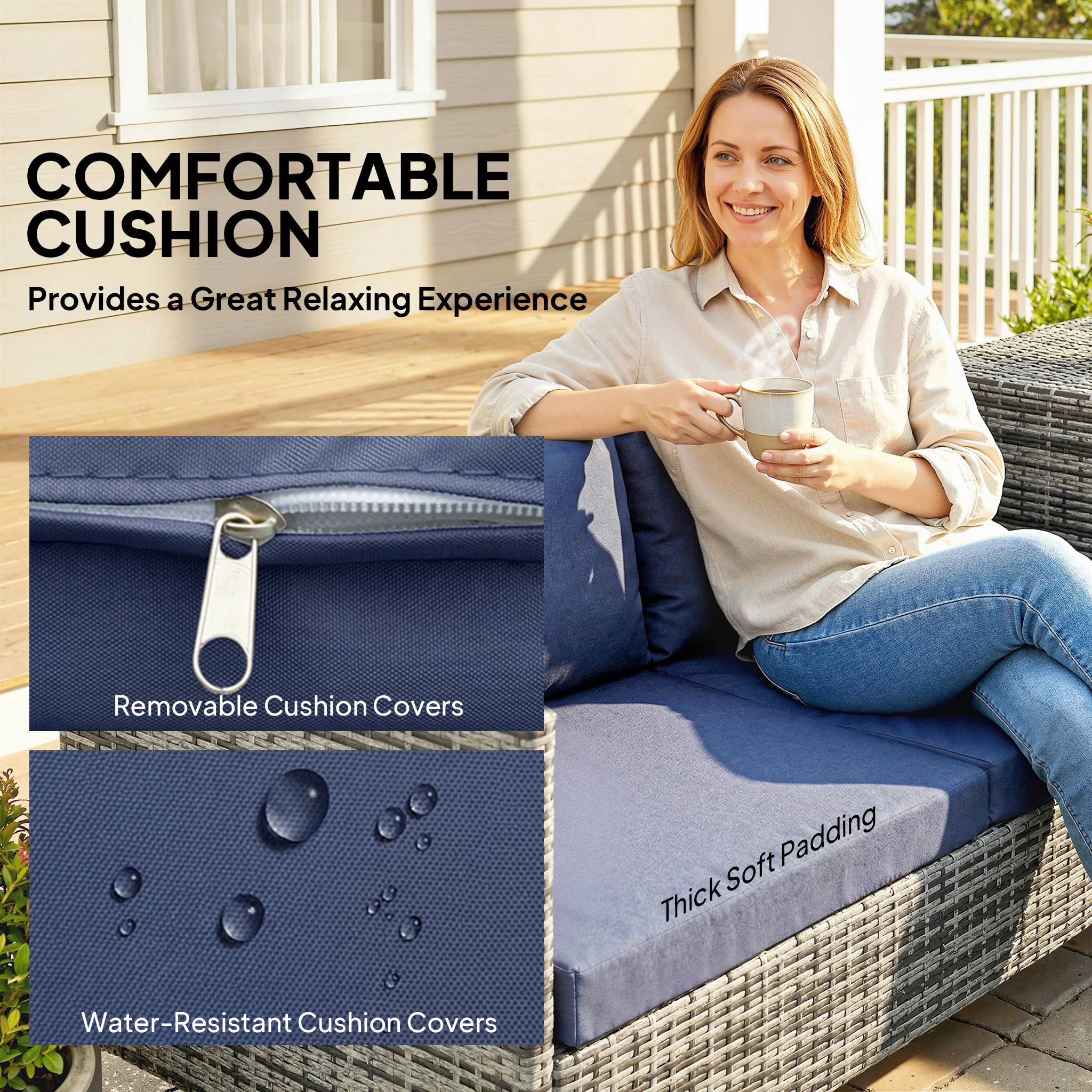 Outsunny Rattan Garden Furniture Set With Storage Table, Cushions, Dark Blue - Image 6