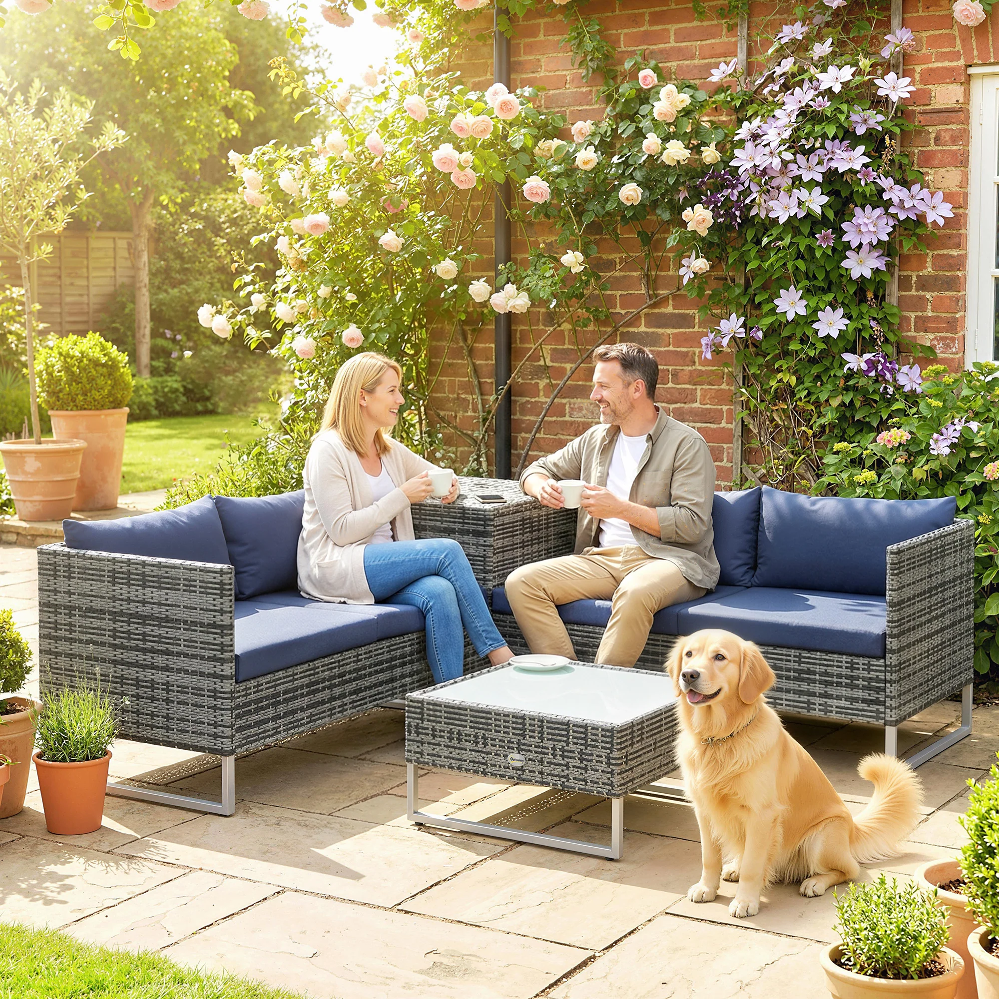 Outsunny Rattan Garden Furniture Set With Storage Table, Cushions, Dark Blue - Image 8