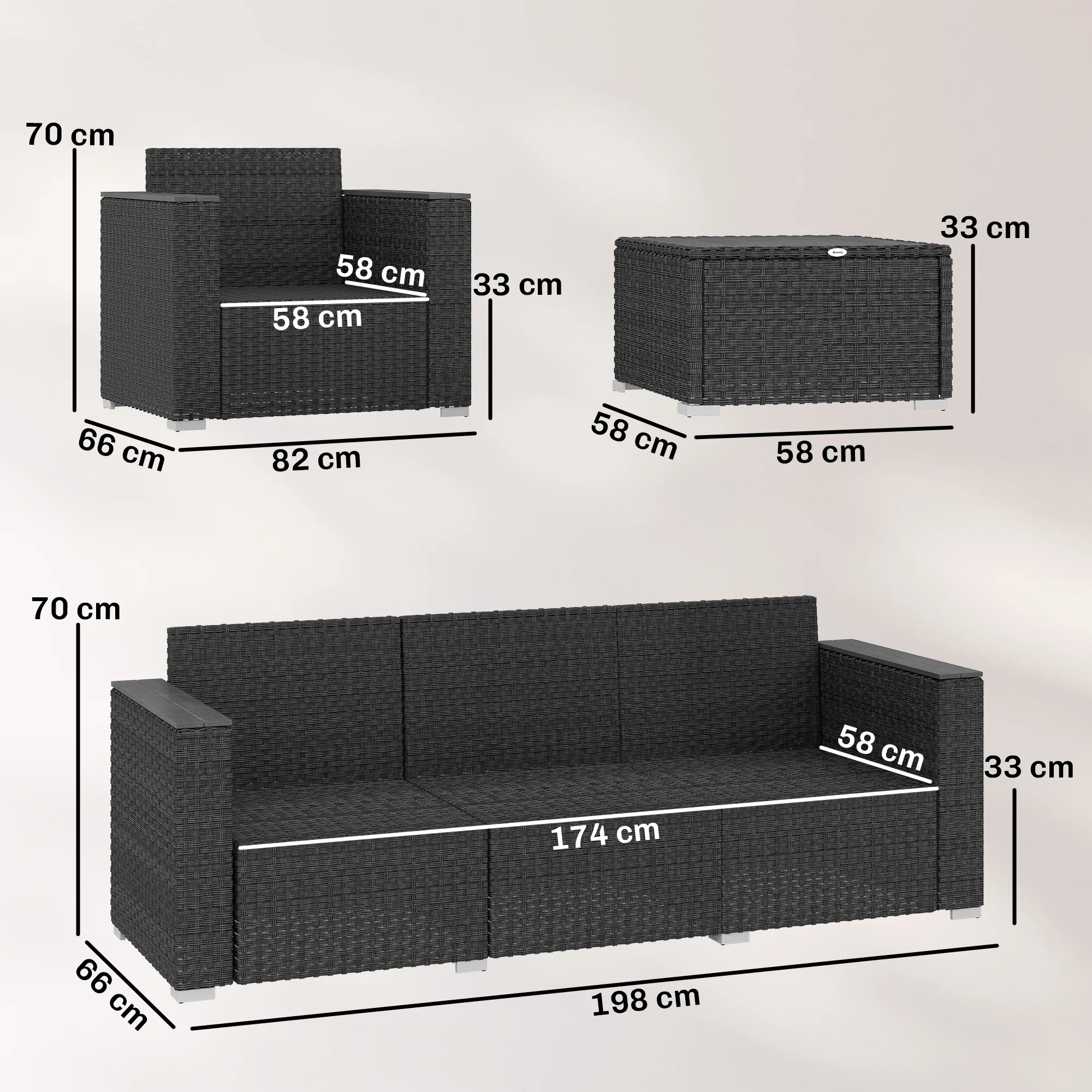 Outsunny Rattan Garden Furniture Set with Wide Armrests, Cushions, Dark Grey - Image 3