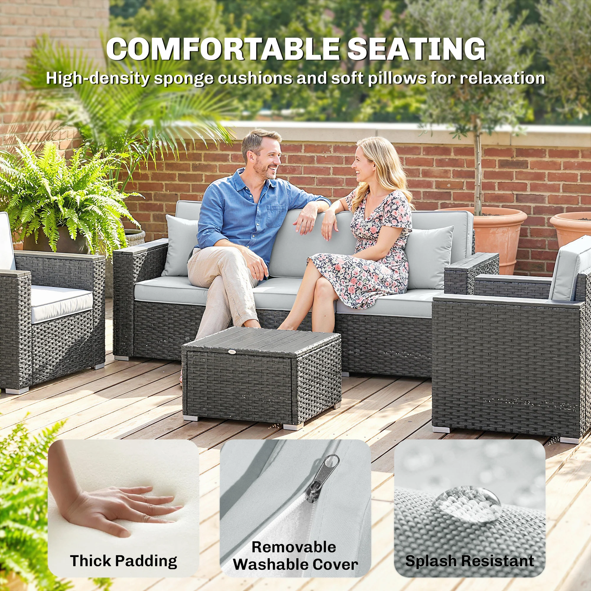 Outsunny Rattan Garden Furniture Set with Wide Armrests, Cushions, Dark Grey - Image 6