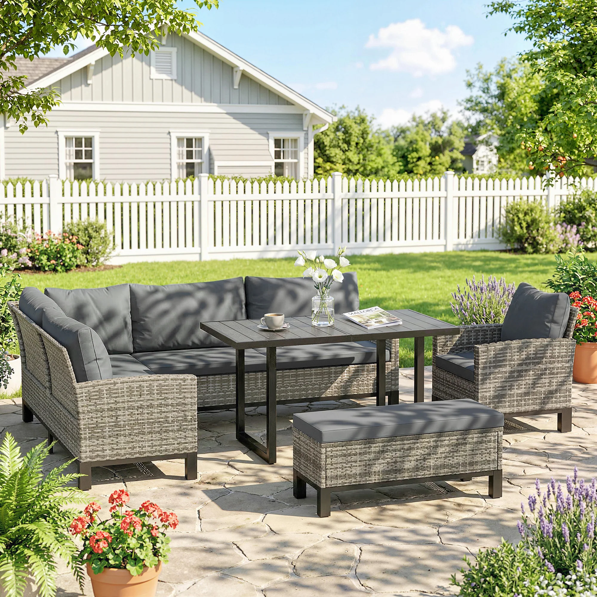Outsunny Rattan Garden Furniture Sofa Set, Outdoor Dining Set for 9, Grey - Image 2