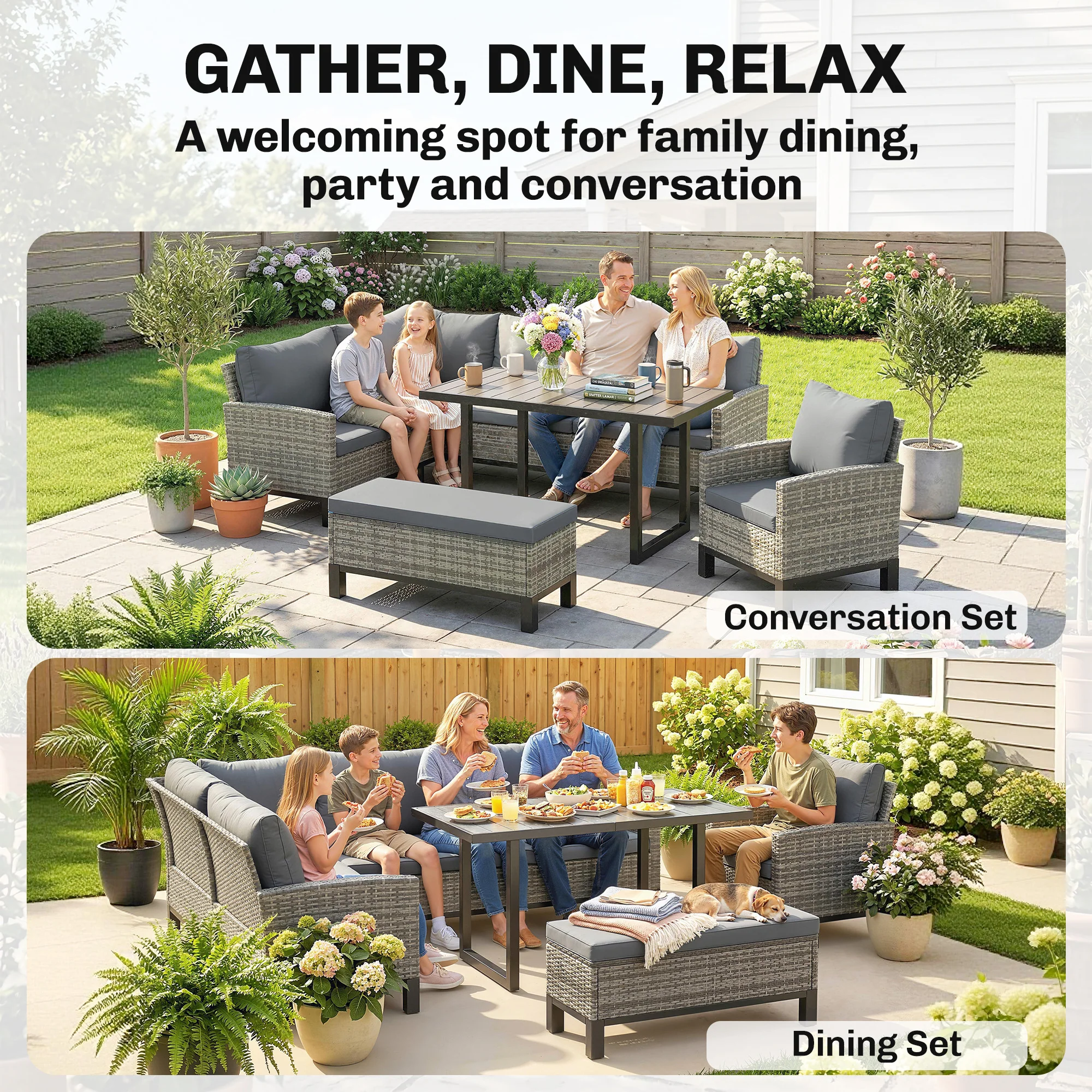 Outsunny Rattan Garden Furniture Sofa Set, Outdoor Dining Set for 9, Grey - Image 3