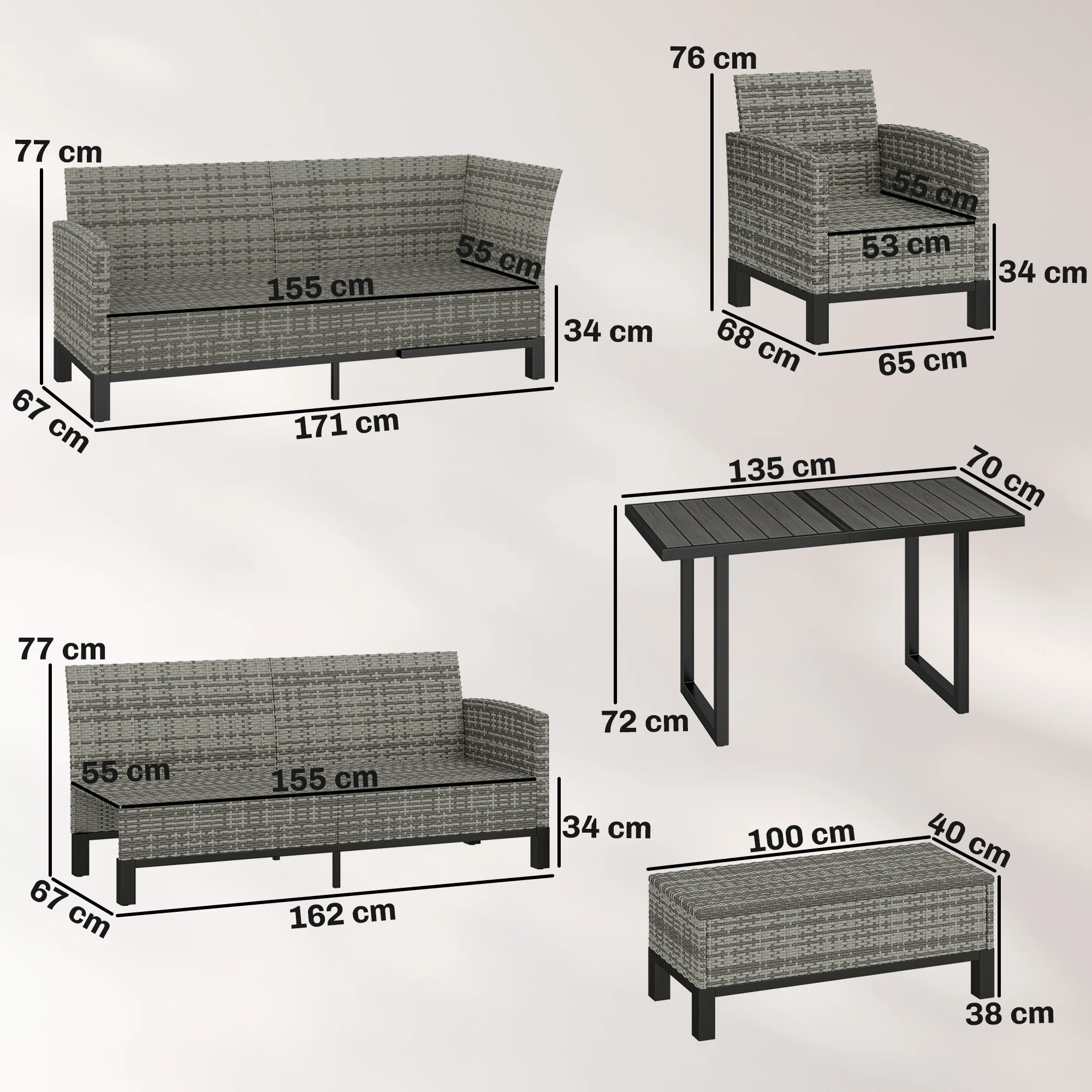 Outsunny Rattan Garden Furniture Sofa Set, Outdoor Dining Set for 9, Grey - Image 5