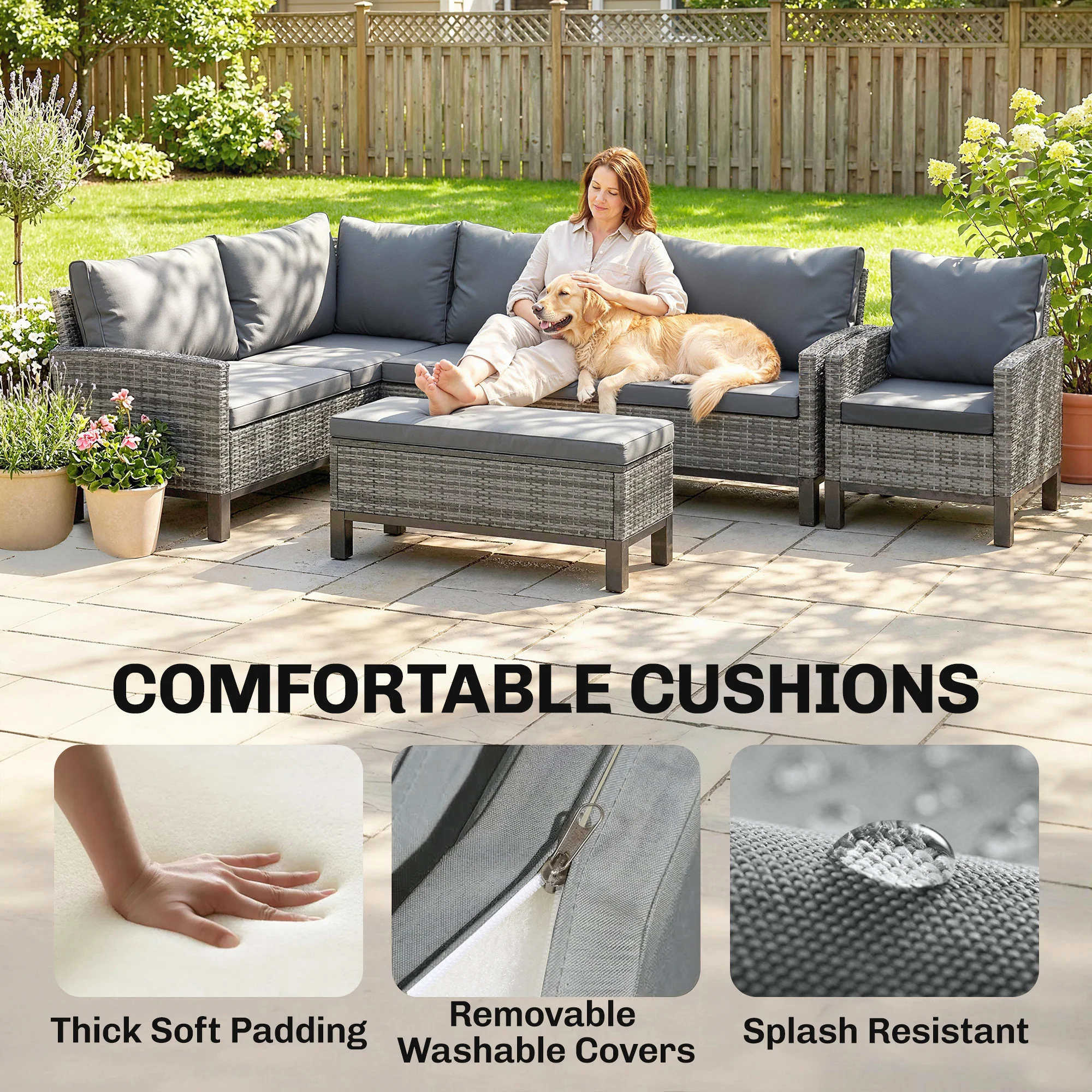 Outsunny Rattan Garden Furniture Sofa Set, Outdoor Dining Set for 9, Grey - Image 6