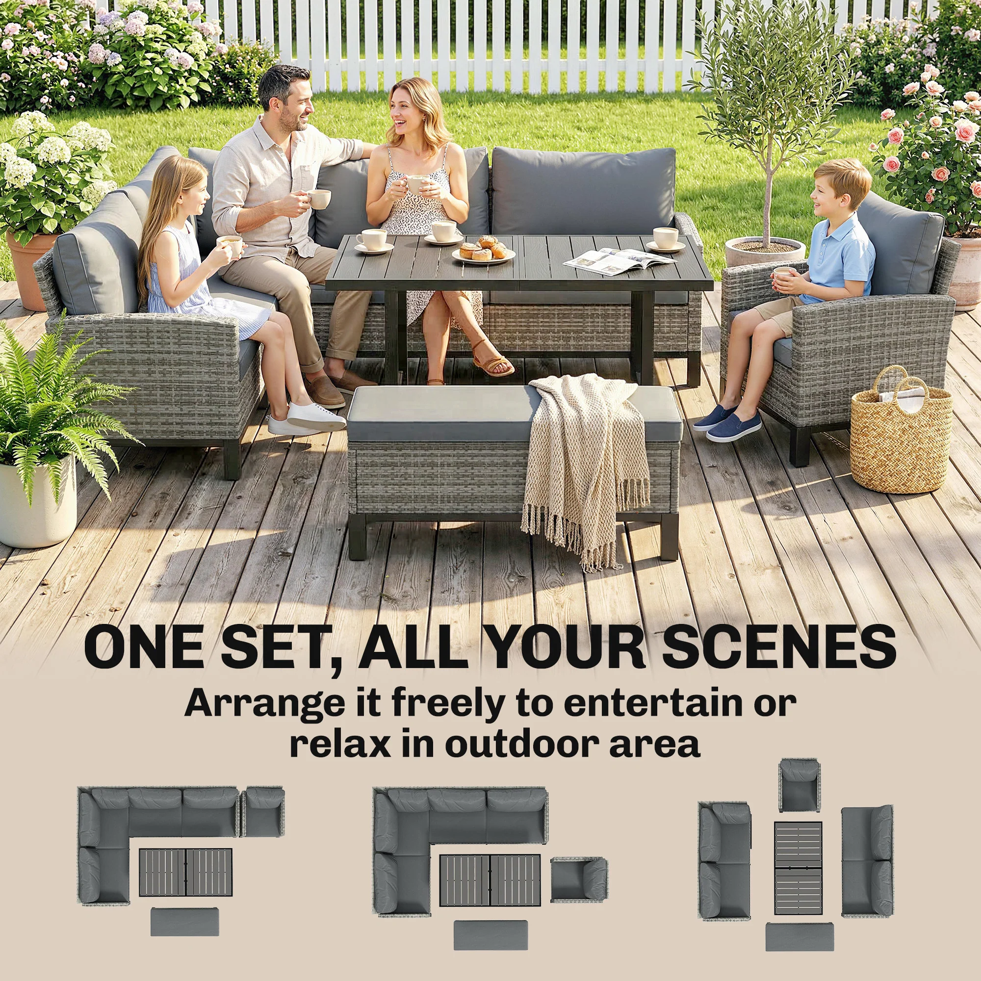 Outsunny Rattan Garden Furniture Sofa Set, Outdoor Dining Set for 9, Grey - Image 8