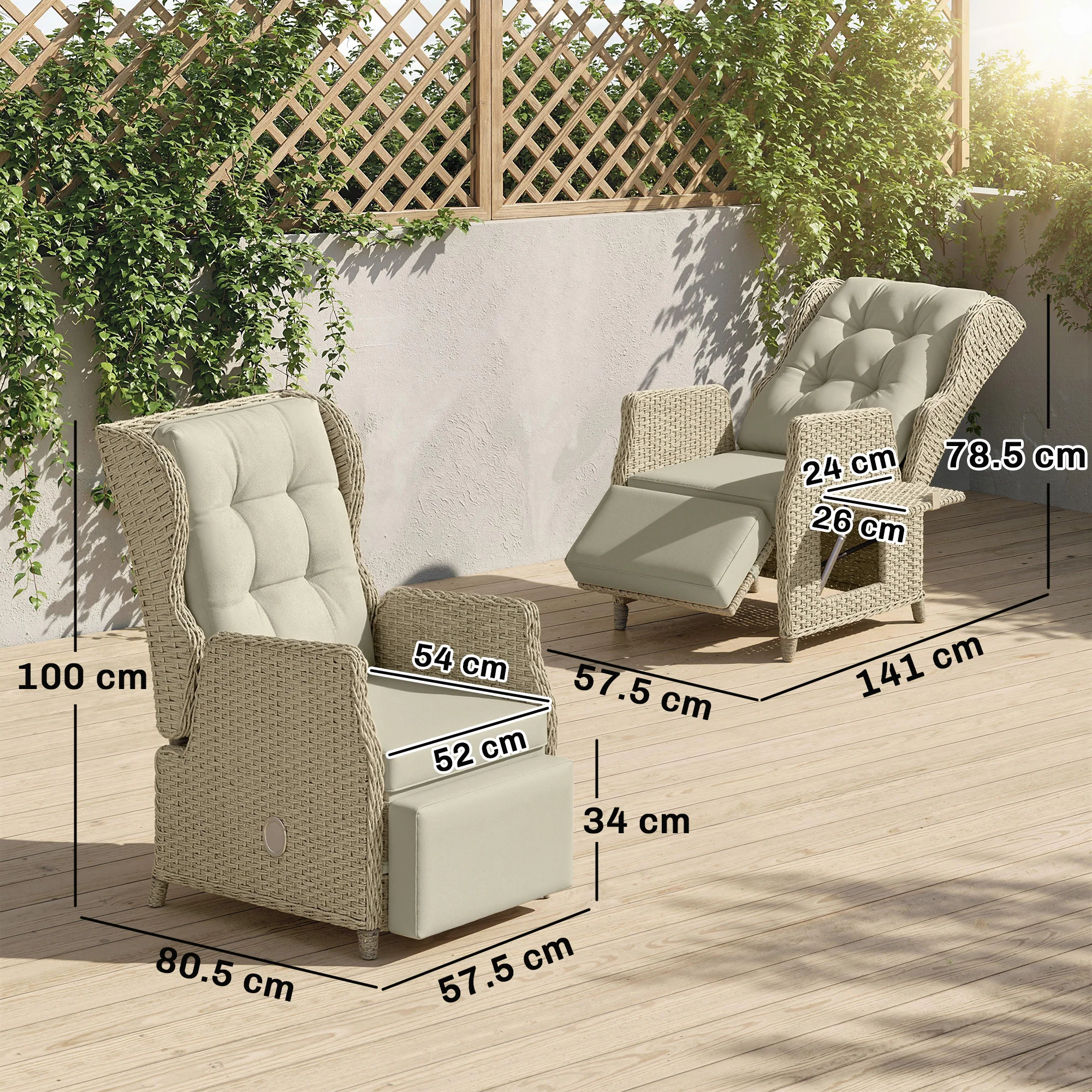 Outsunny Rattan Garden Recliner Chair with Flip Table, Brown - Image 3