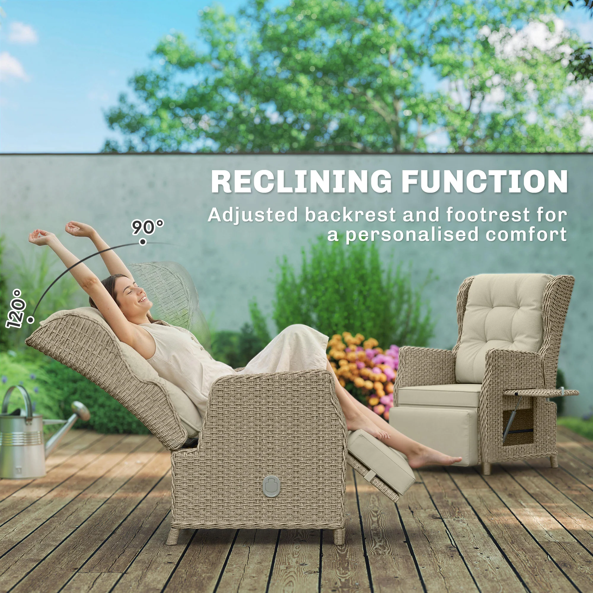 Outsunny Rattan Garden Recliner Chair with Flip Table, Brown - Image 4