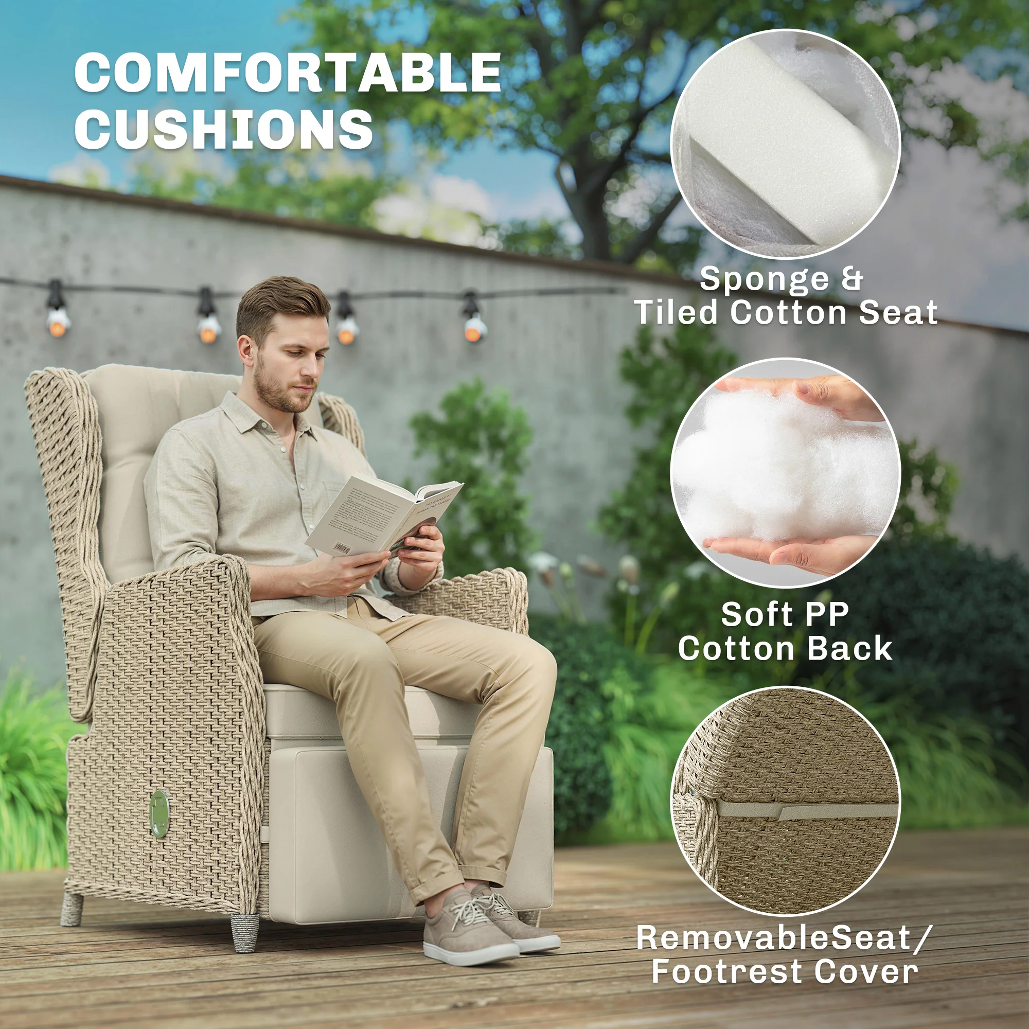 Outsunny Rattan Garden Recliner Chair with Flip Table, Brown - Image 7