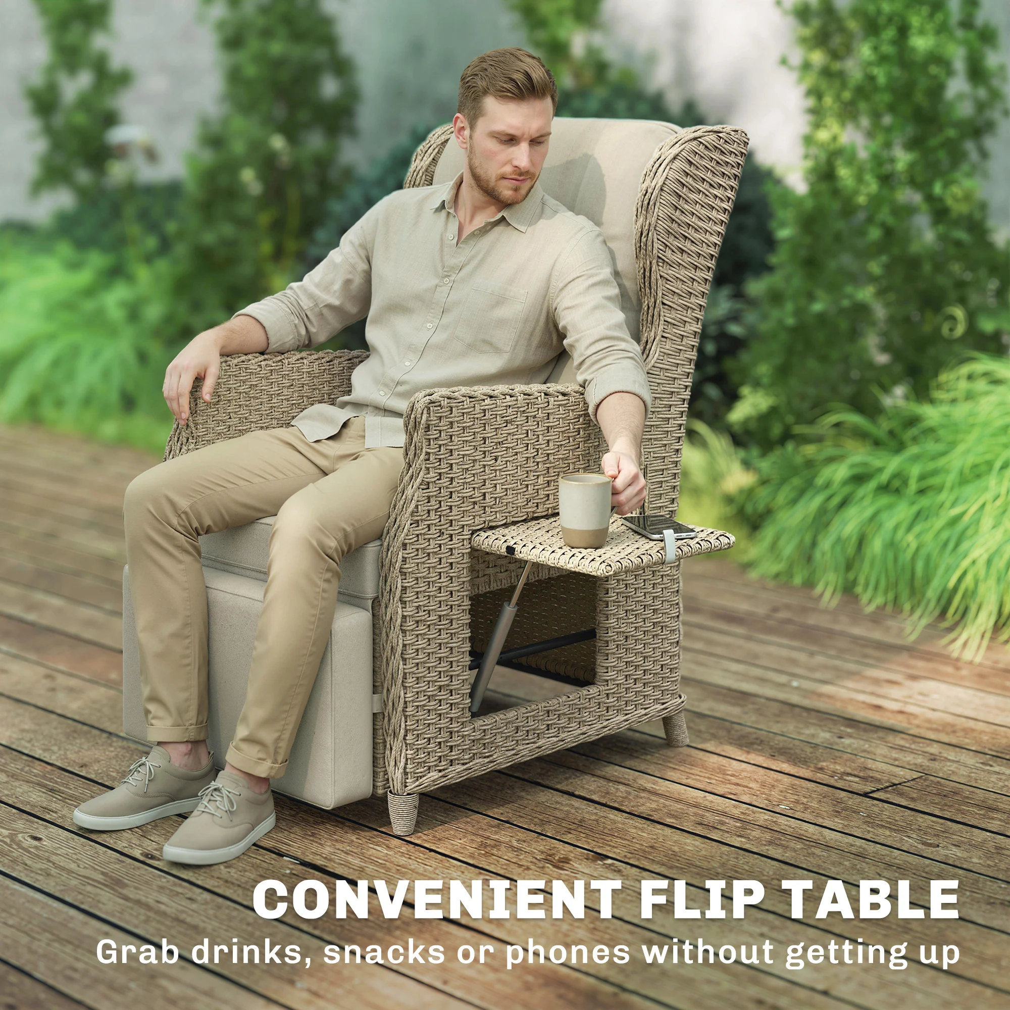 Outsunny Rattan Garden Recliner Chair with Flip Table, Brown - Image 8