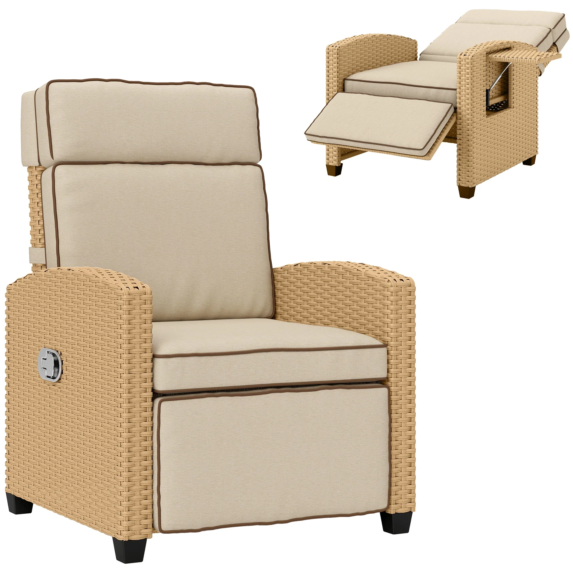 Outsunny Rattan Garden Recliner Sun Lounger w/ Flip Table, Khaki/Beige