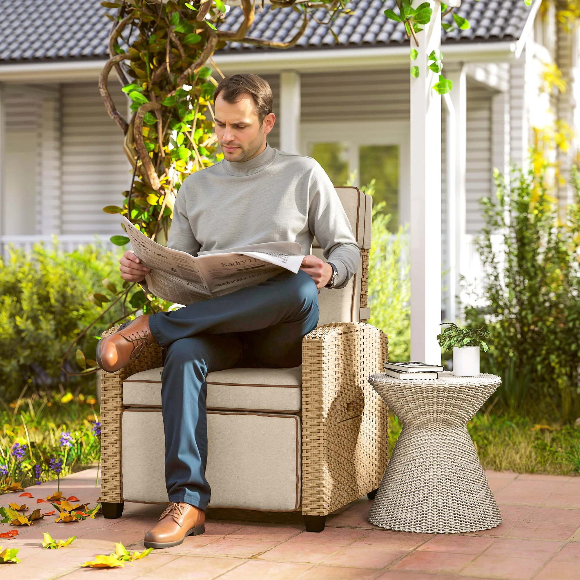 Outsunny Rattan Garden Recliner Sun Lounger w/ Flip Table, Khaki/Beige - Image 2