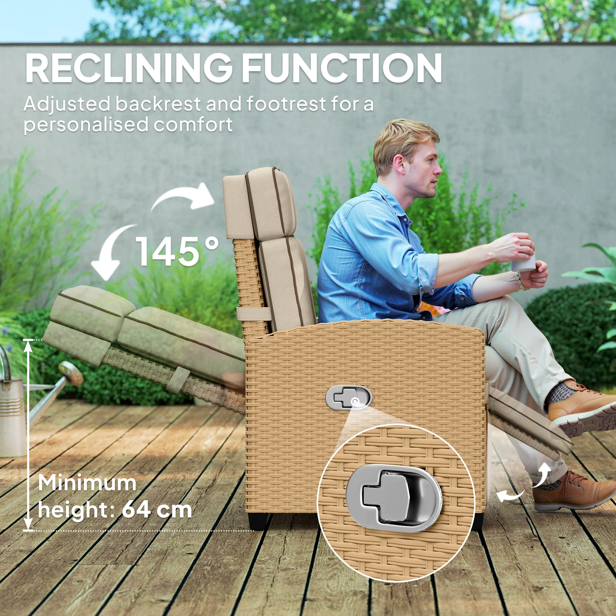 Outsunny Rattan Garden Recliner Sun Lounger w/ Flip Table, Khaki/Beige - Image 3