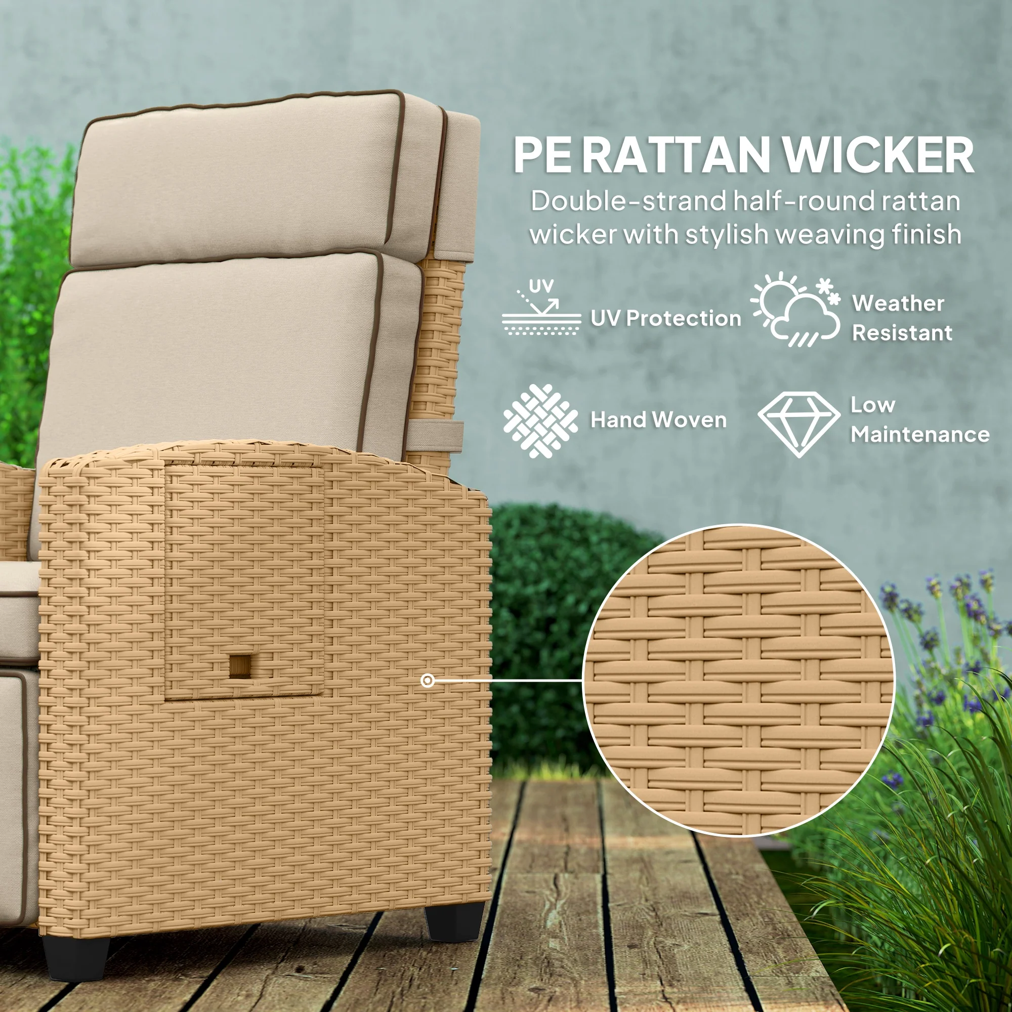 Outsunny Rattan Garden Recliner Sun Lounger w/ Flip Table, Khaki/Beige - Image 4