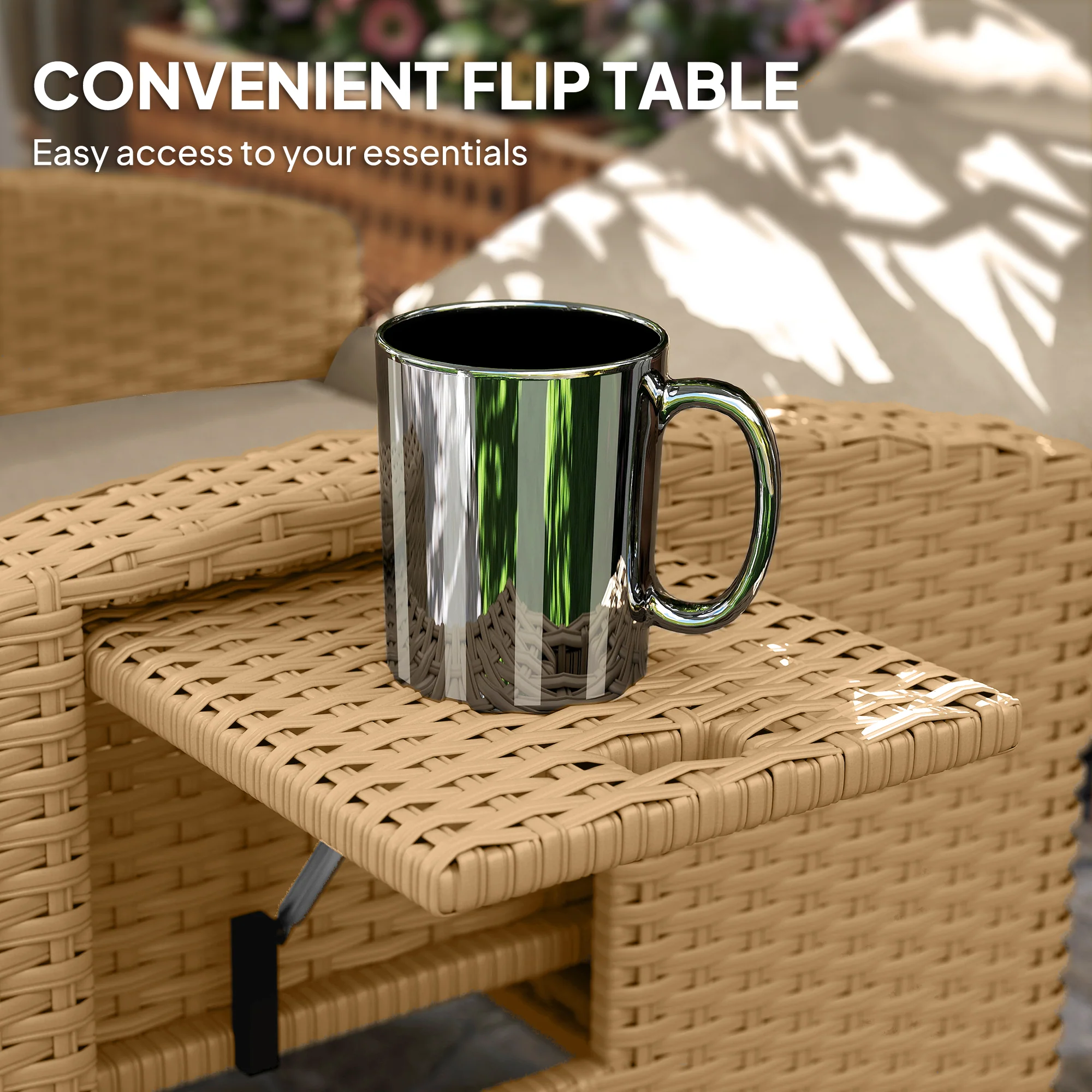 Outsunny Rattan Garden Recliner Sun Lounger w/ Flip Table, Khaki/Beige - Image 6