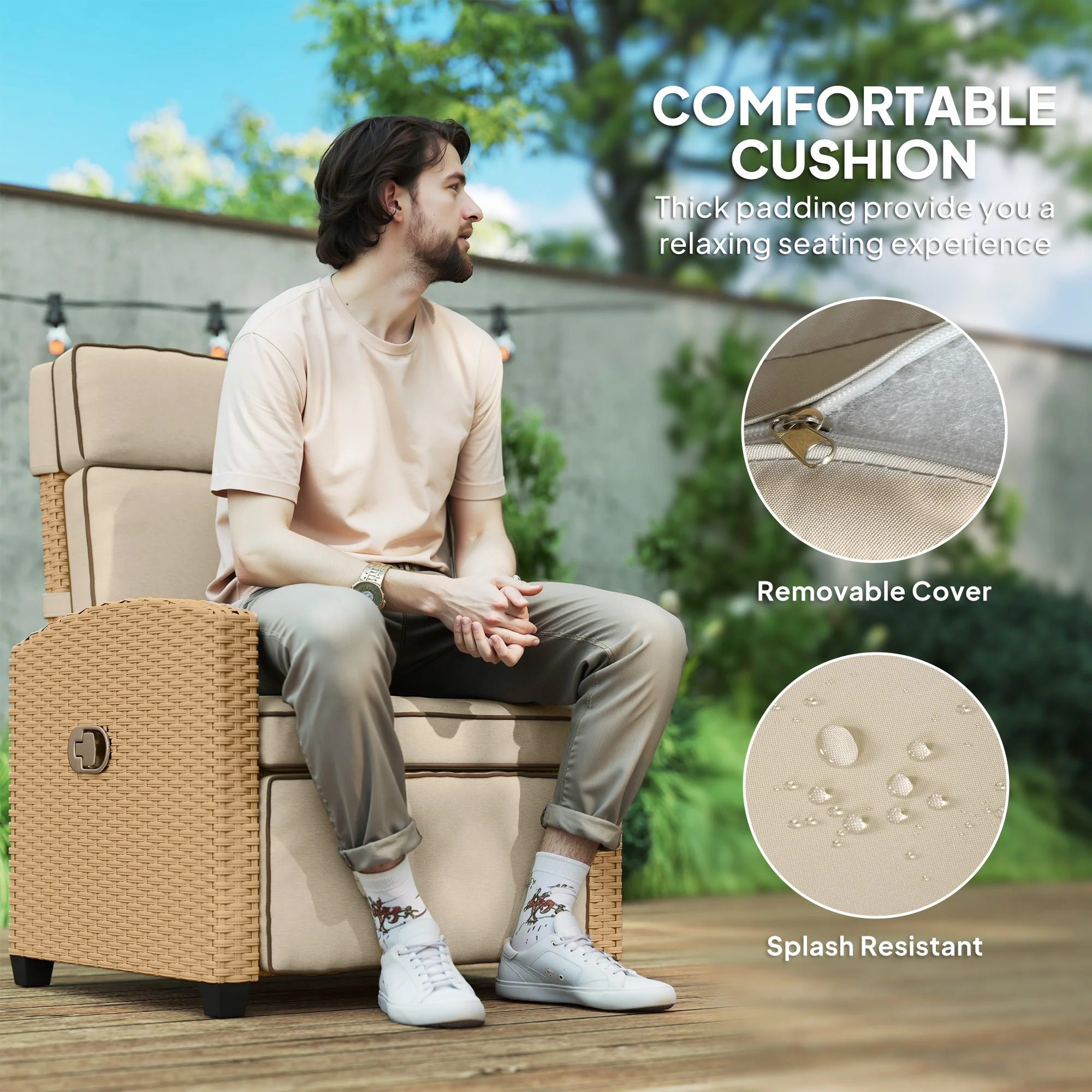Outsunny Rattan Garden Recliner Sun Lounger w/ Flip Table, Khaki/Beige - Image 7