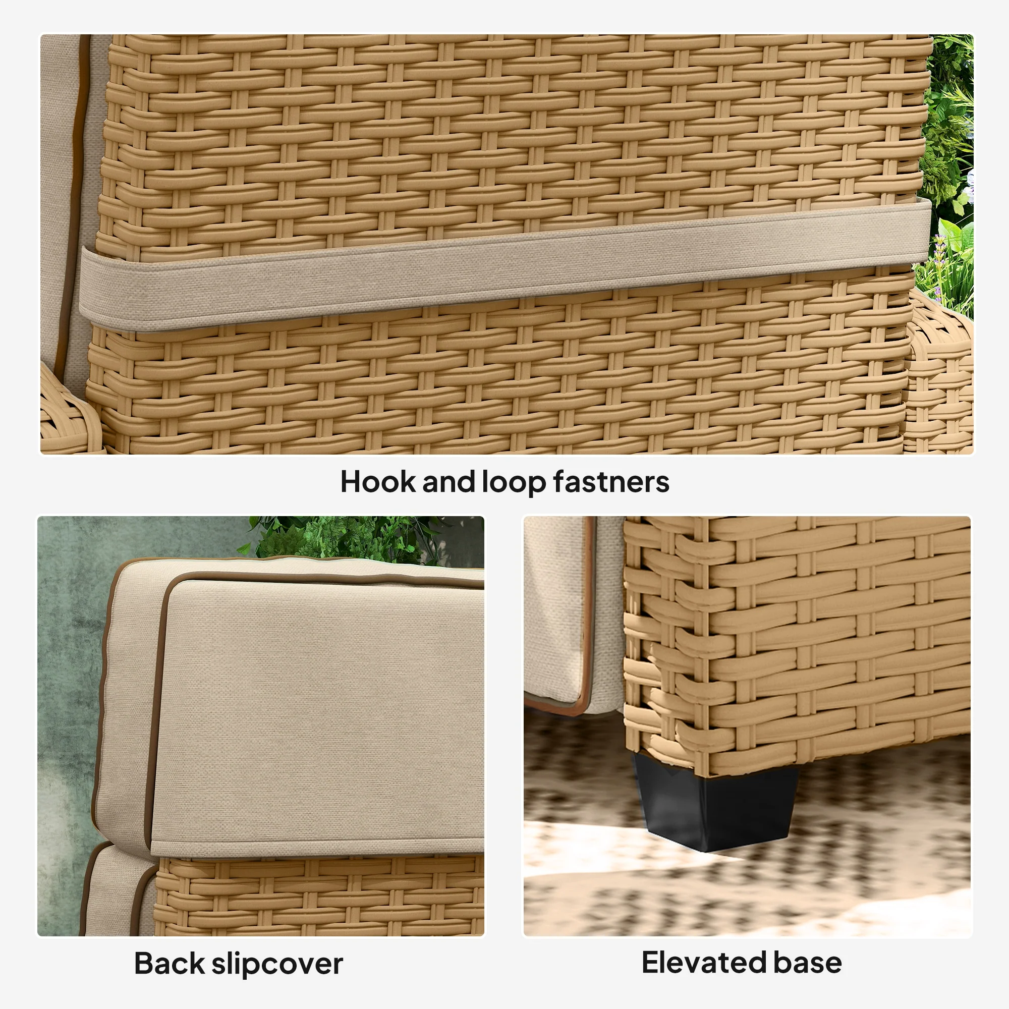 Outsunny Rattan Garden Recliner Sun Lounger w/ Flip Table, Khaki/Beige - Image 8