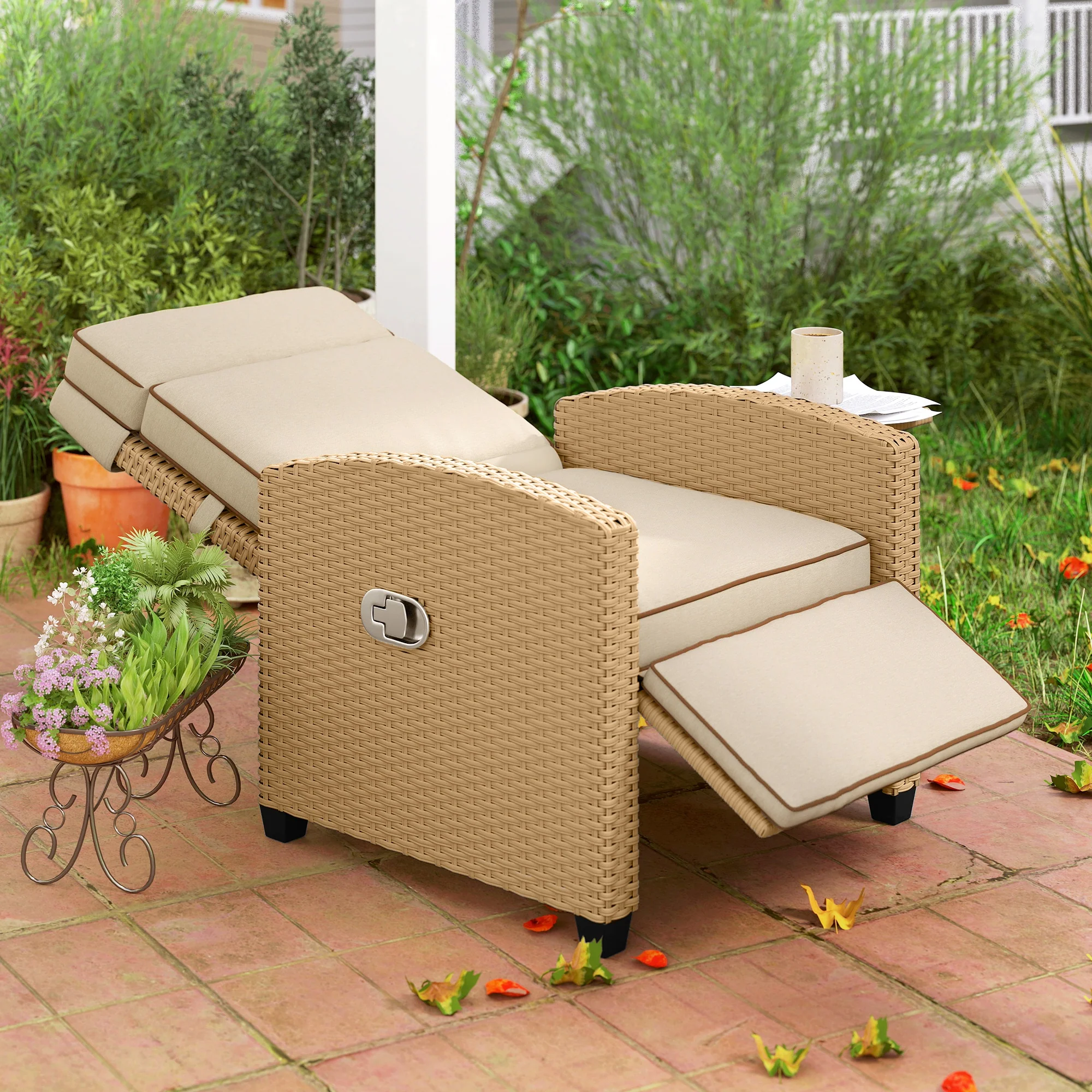 Outsunny Rattan Garden Recliner Sun Lounger w/ Flip Table, Khaki/Beige - Image 9