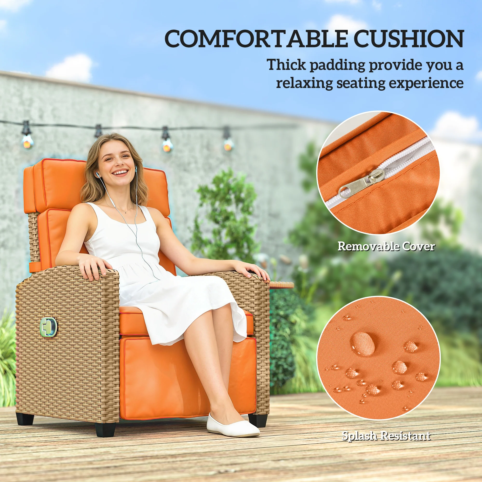 Outsunny Rattan Garden Recliner Sun Lounger W/ Flip Table, Khaki/Orange - Image 7