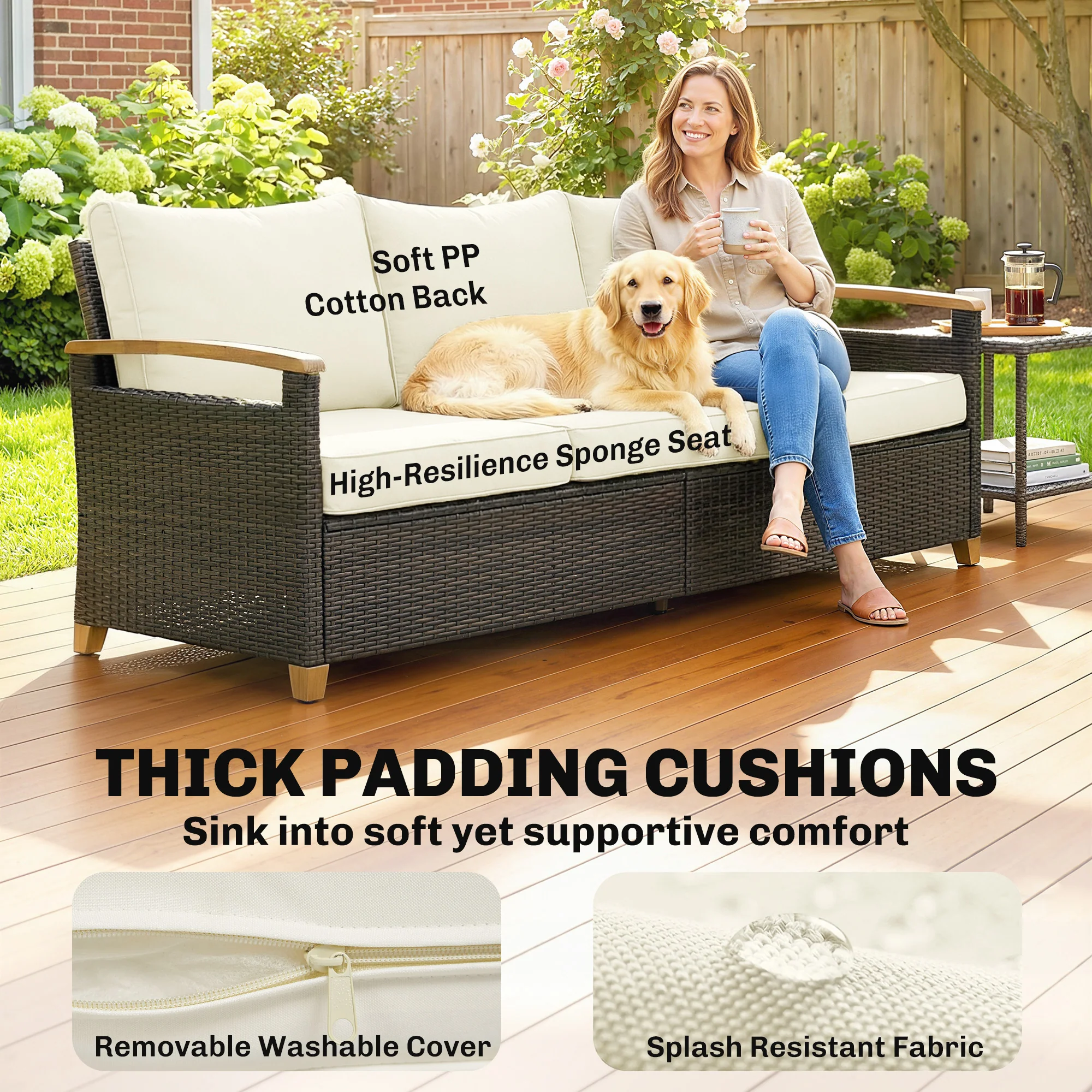 Outsunny Rattan Garden Sofa With Cushioned Wide Seats Brown - Image 3