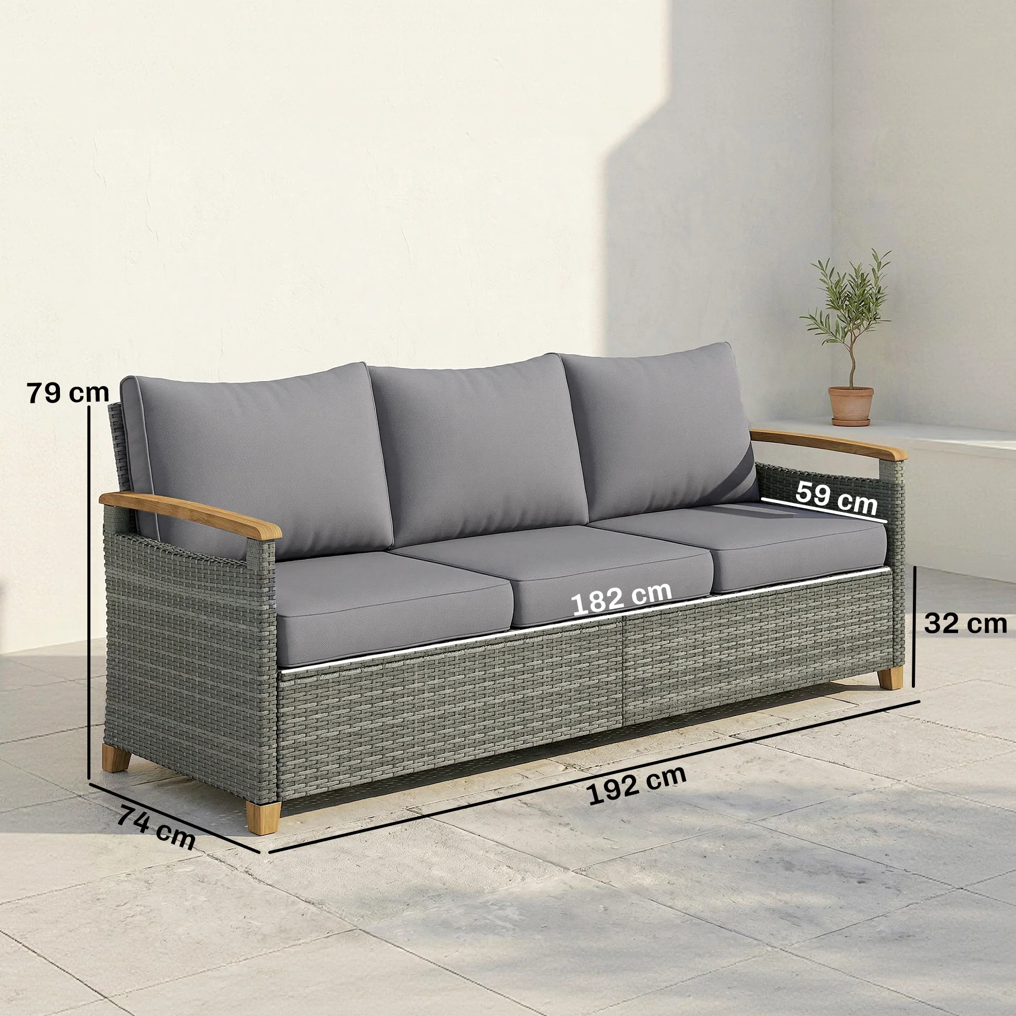 Outsunny Rattan Garden Sofa With Cushioned Wide Seats Dark Grey - Image 5
