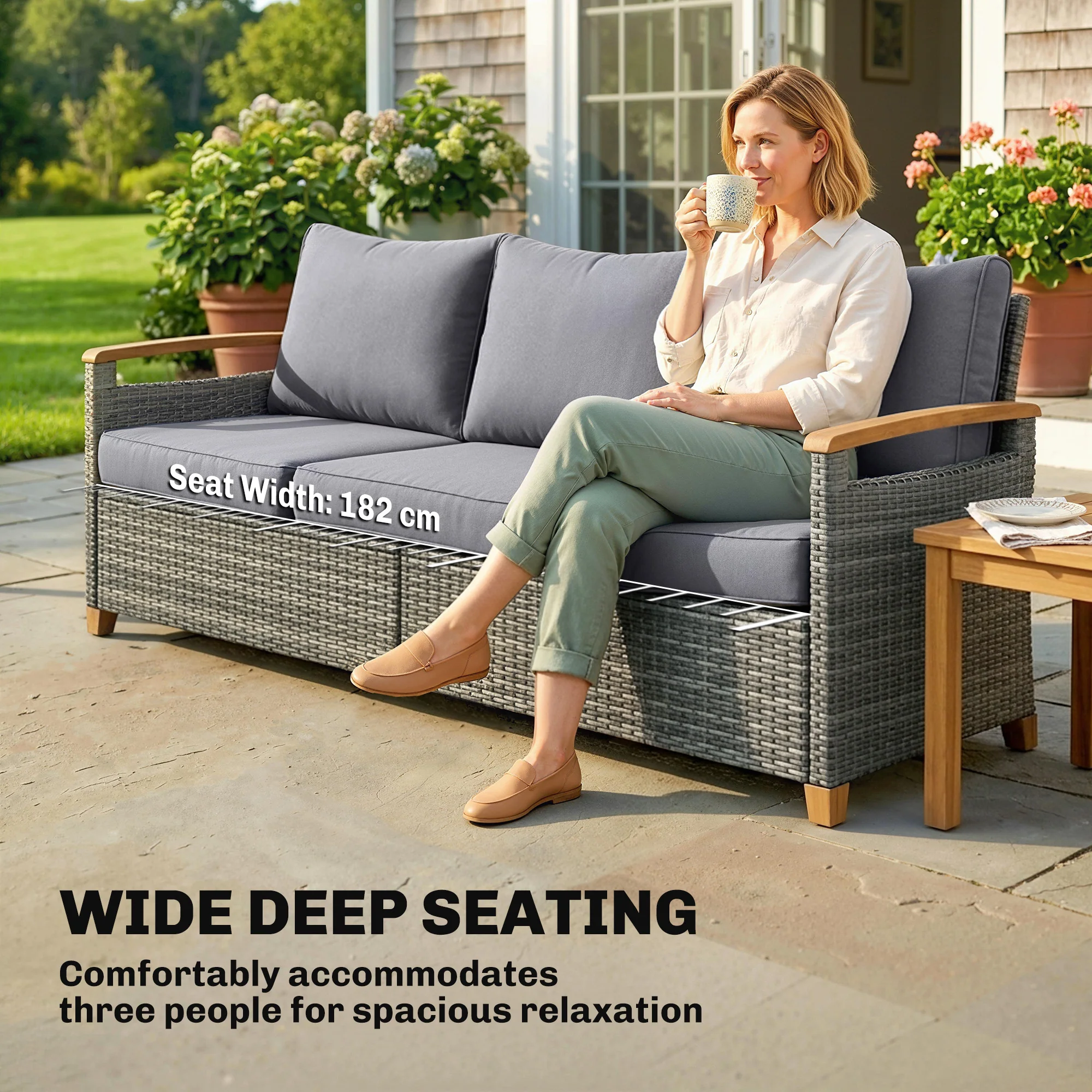 Outsunny Rattan Garden Sofa With Cushioned Wide Seats Dark Grey - Image 6