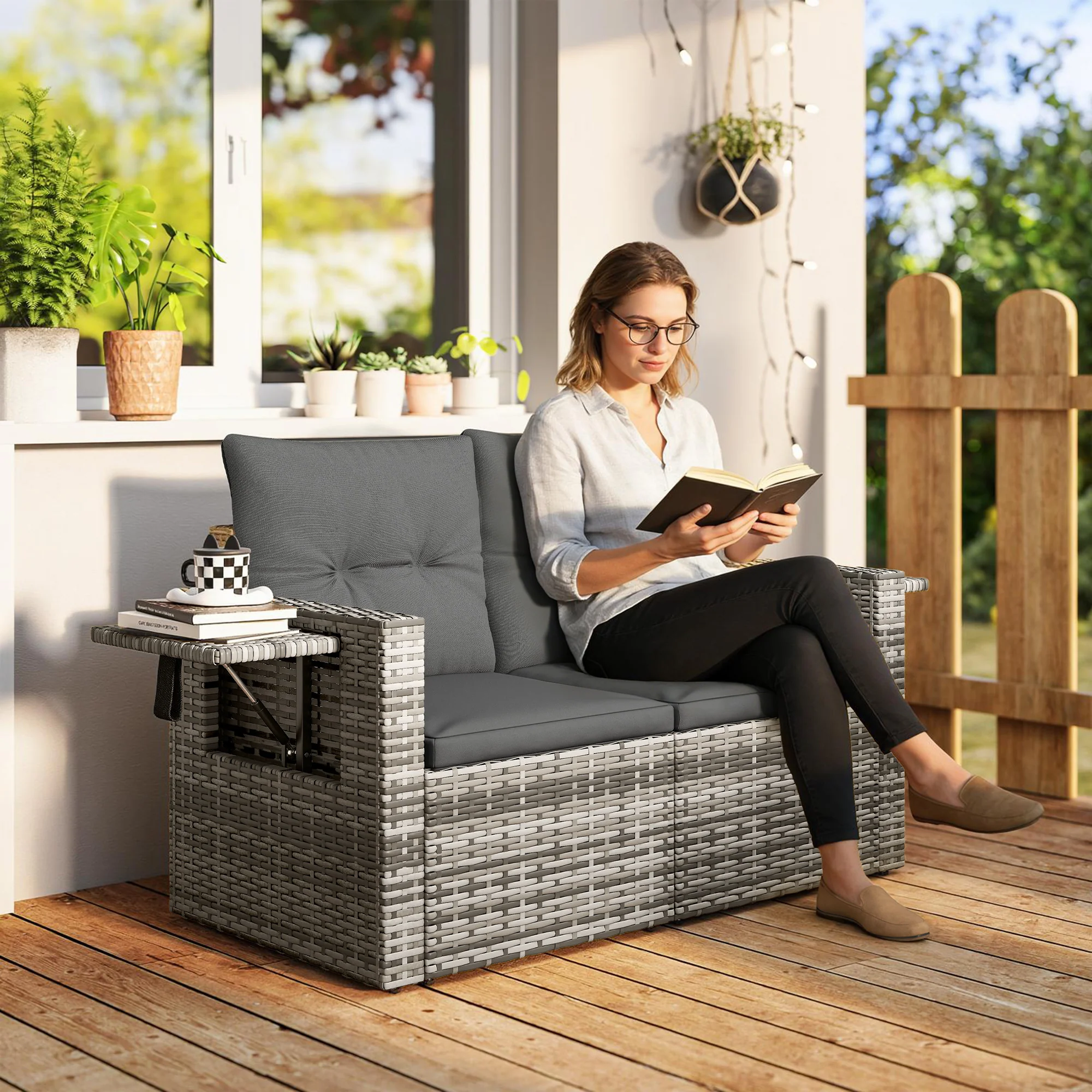 Outsunny Rattan Garden Sofa with Hidden Side Trays 2 Seater, Dark Grey - Image 2
