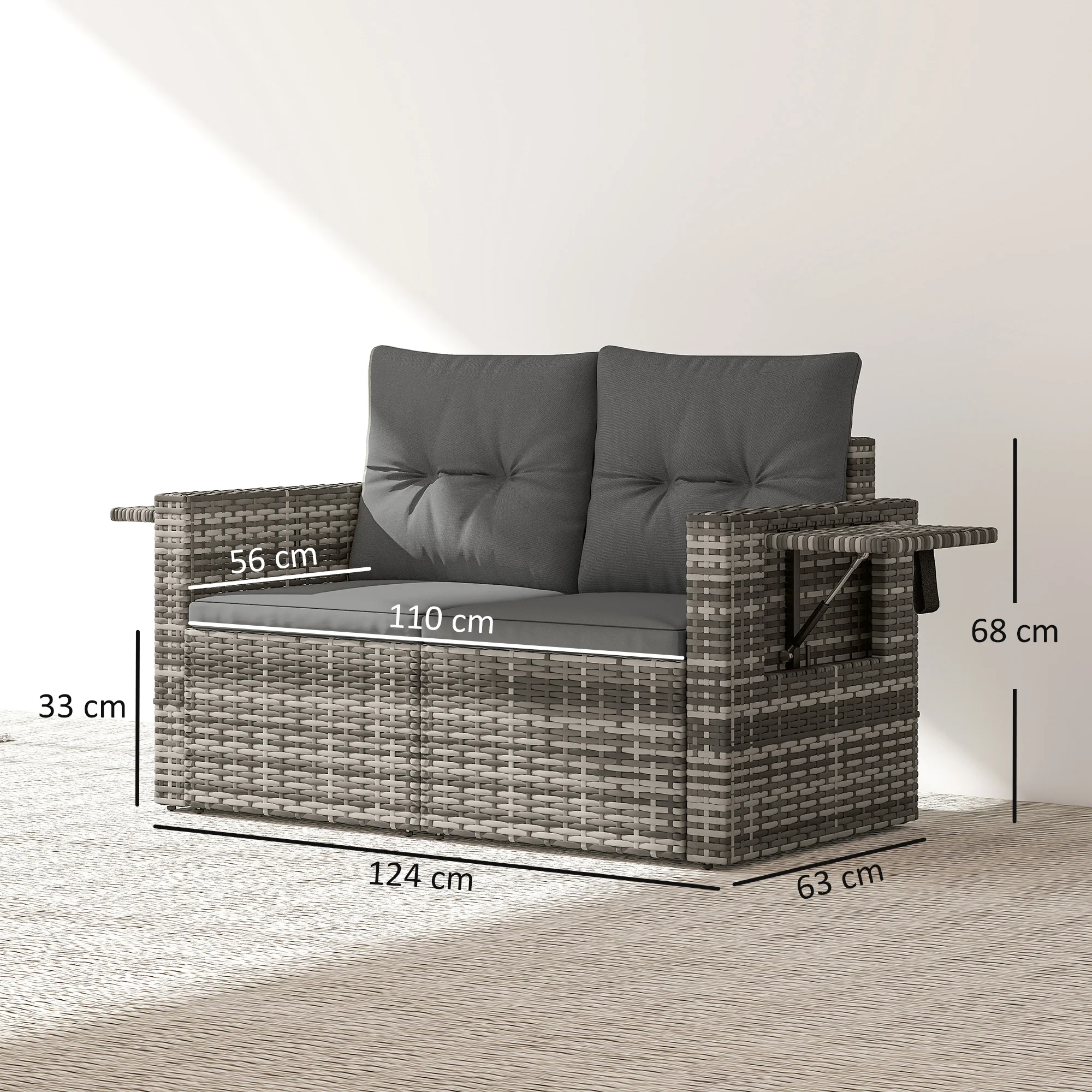 Outsunny Rattan Garden Sofa with Hidden Side Trays 2 Seater, Dark Grey - Image 3