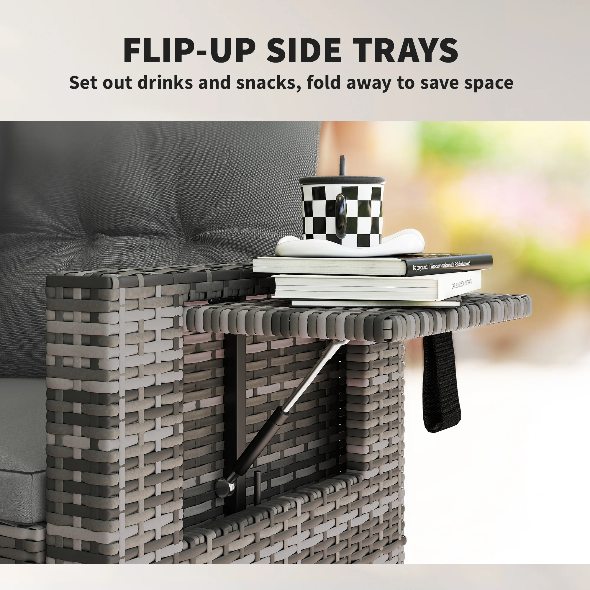 Outsunny Rattan Garden Sofa with Hidden Side Trays 2 Seater, Dark Grey - Image 5
