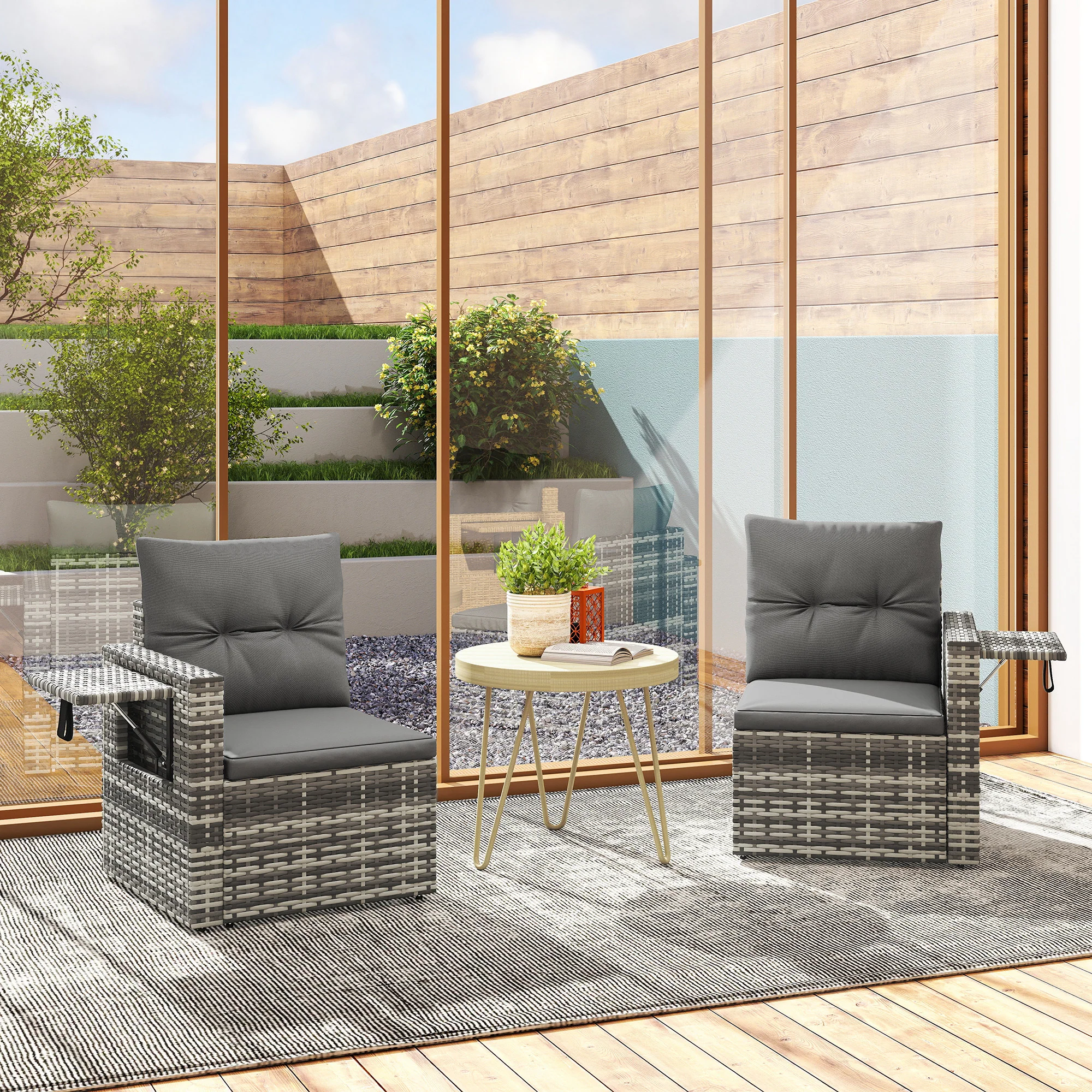 Outsunny Rattan Garden Sofa with Hidden Side Trays 2 Seater, Dark Grey - Image 9