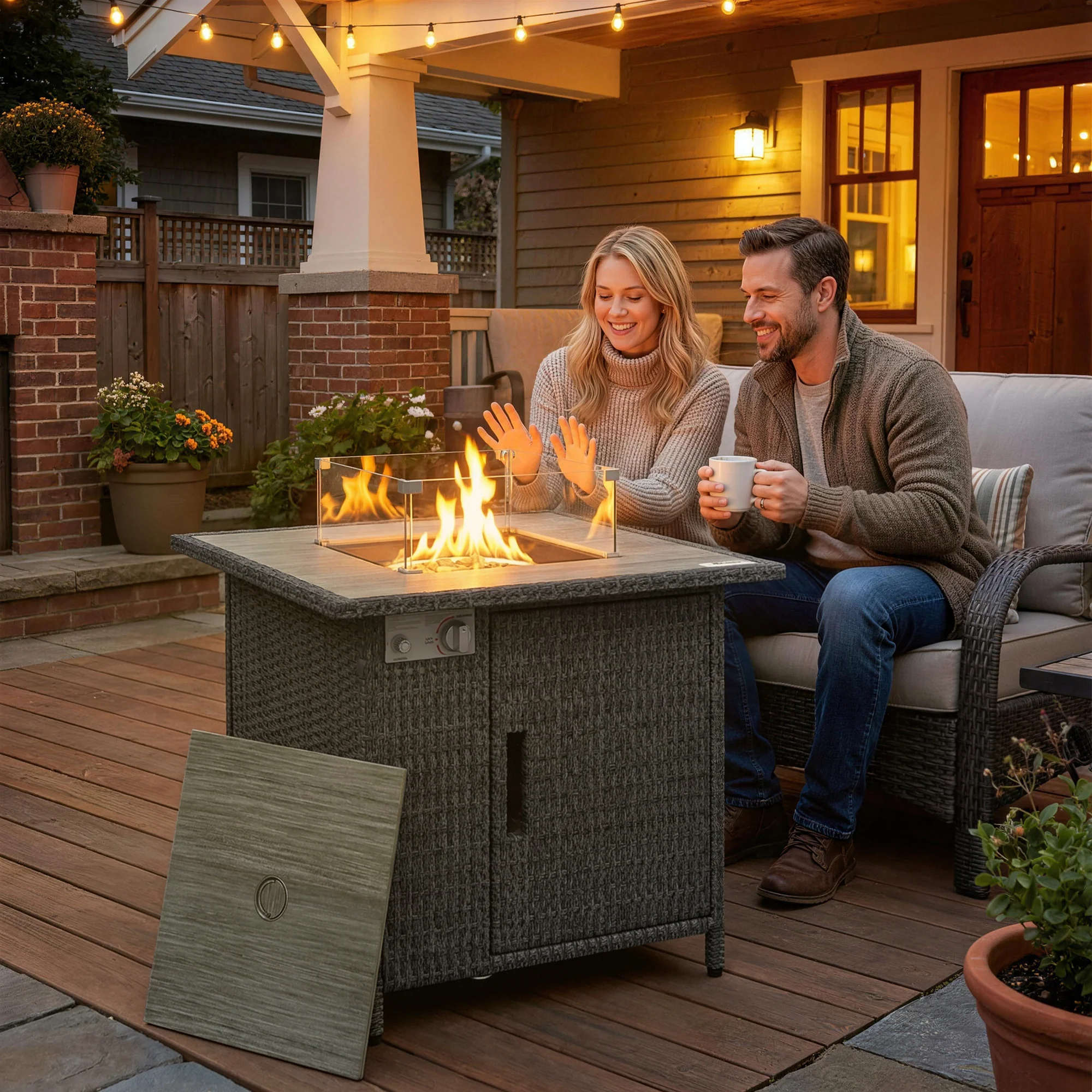 Outsunny Rattan Gas Fire Pit Table with Rain Cover, Wind Guard, 14.5 KW - Image 2