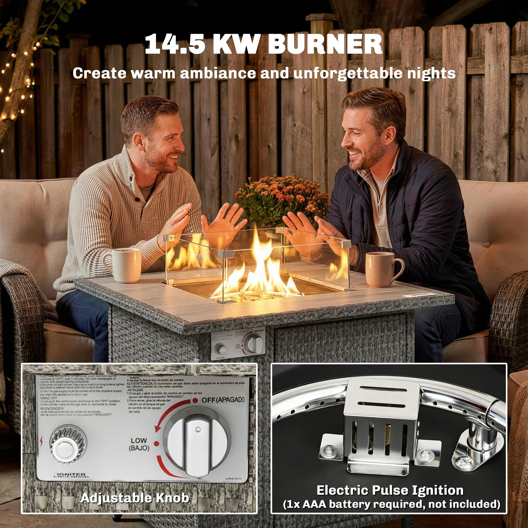 Outsunny Rattan Gas Fire Pit Table with Rain Cover, Wind Guard, 14.5 KW - Image 5