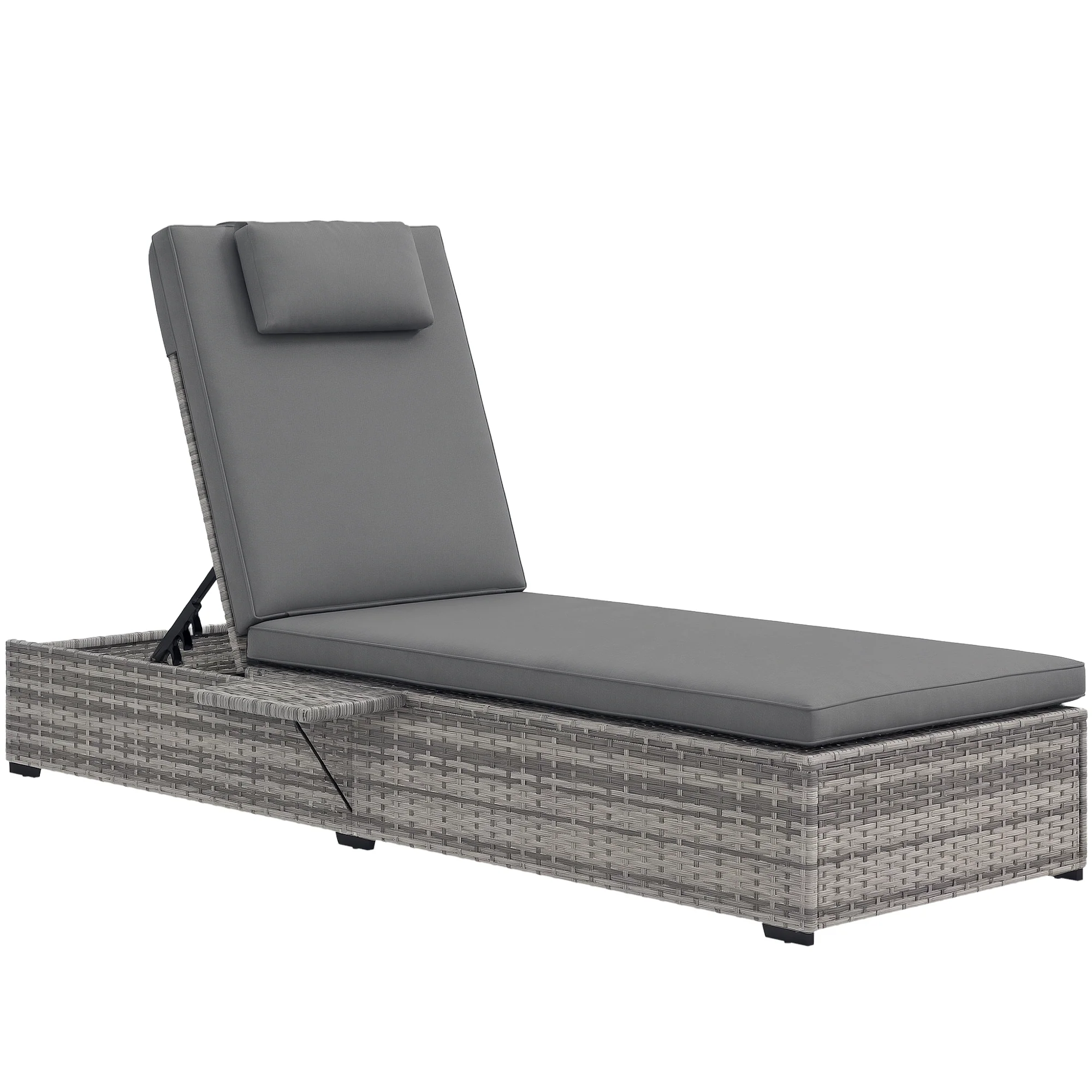 Outsunny Rattan Lounger W/ Cushion, 5-Level Reclining Rattan Sun Lounger, Grey