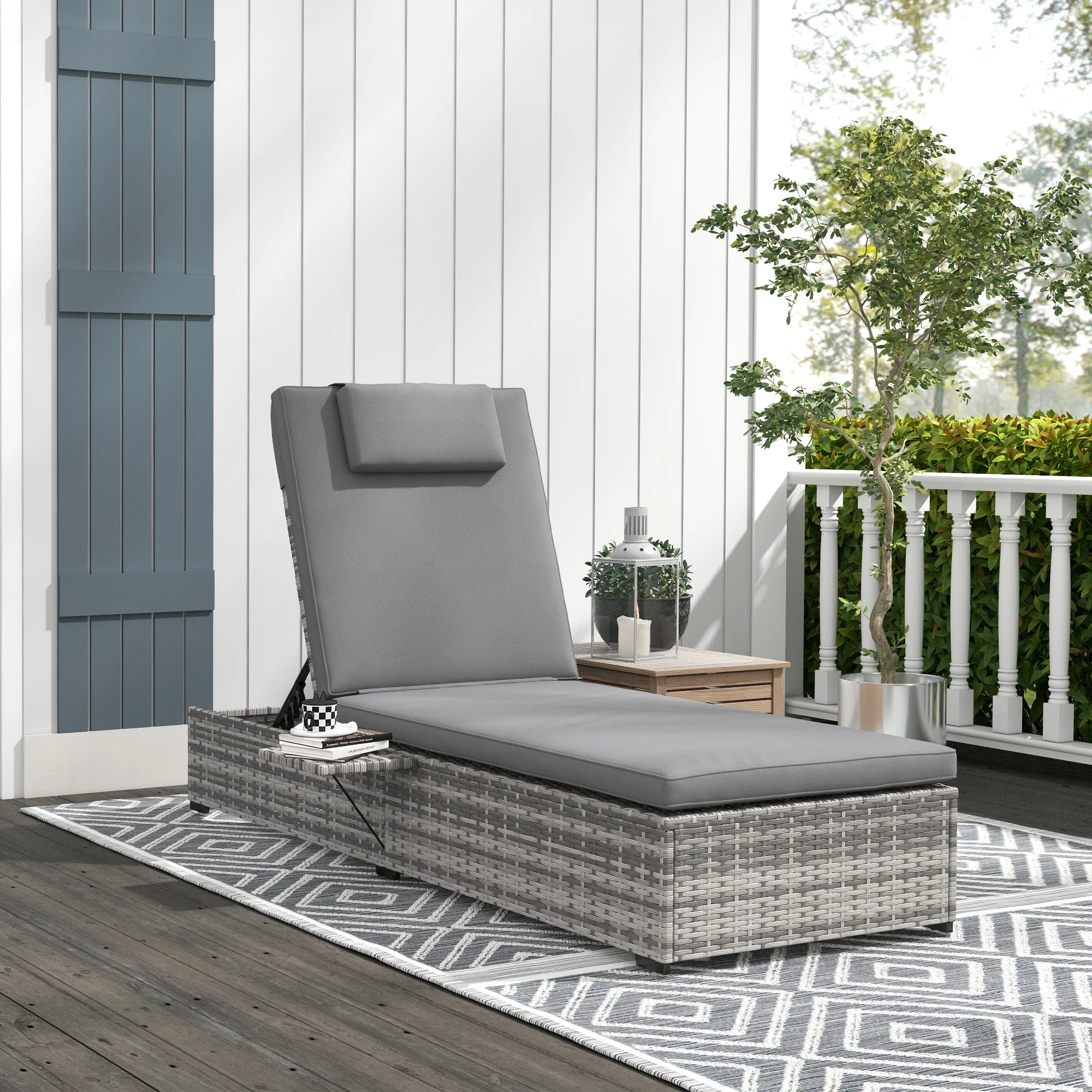 Outsunny Rattan Lounger W/ Cushion, 5-Level Reclining Rattan Sun Lounger, Grey - Image 2