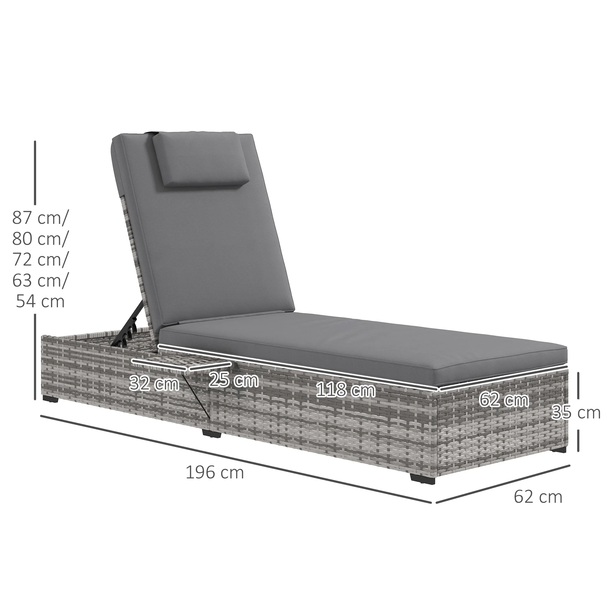 Outsunny Rattan Lounger W/ Cushion, 5-Level Reclining Rattan Sun Lounger, Grey - Image 5