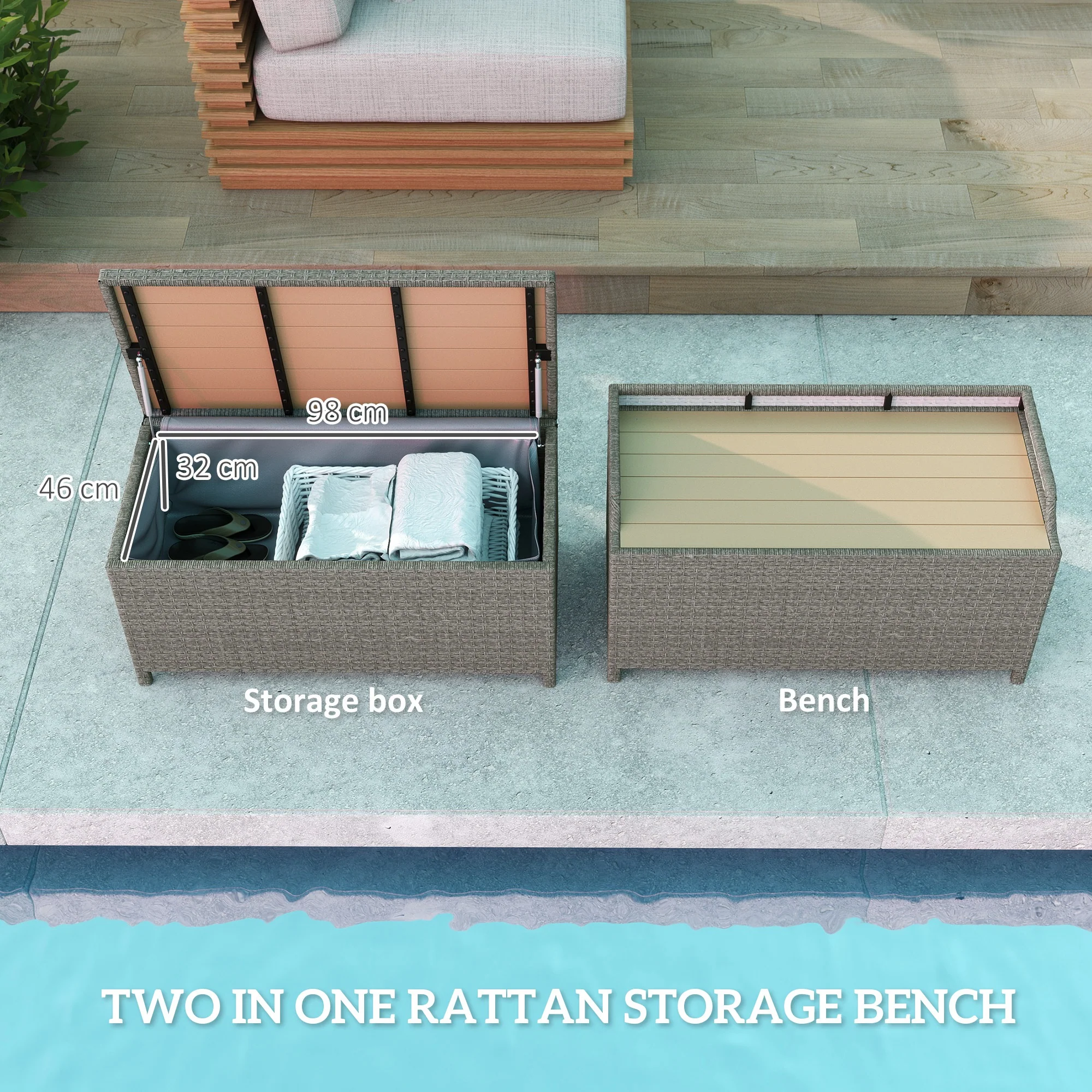 Outsunny Rattan Outdoor Storage Bench with Aluminium Frame, Grey - Image 3