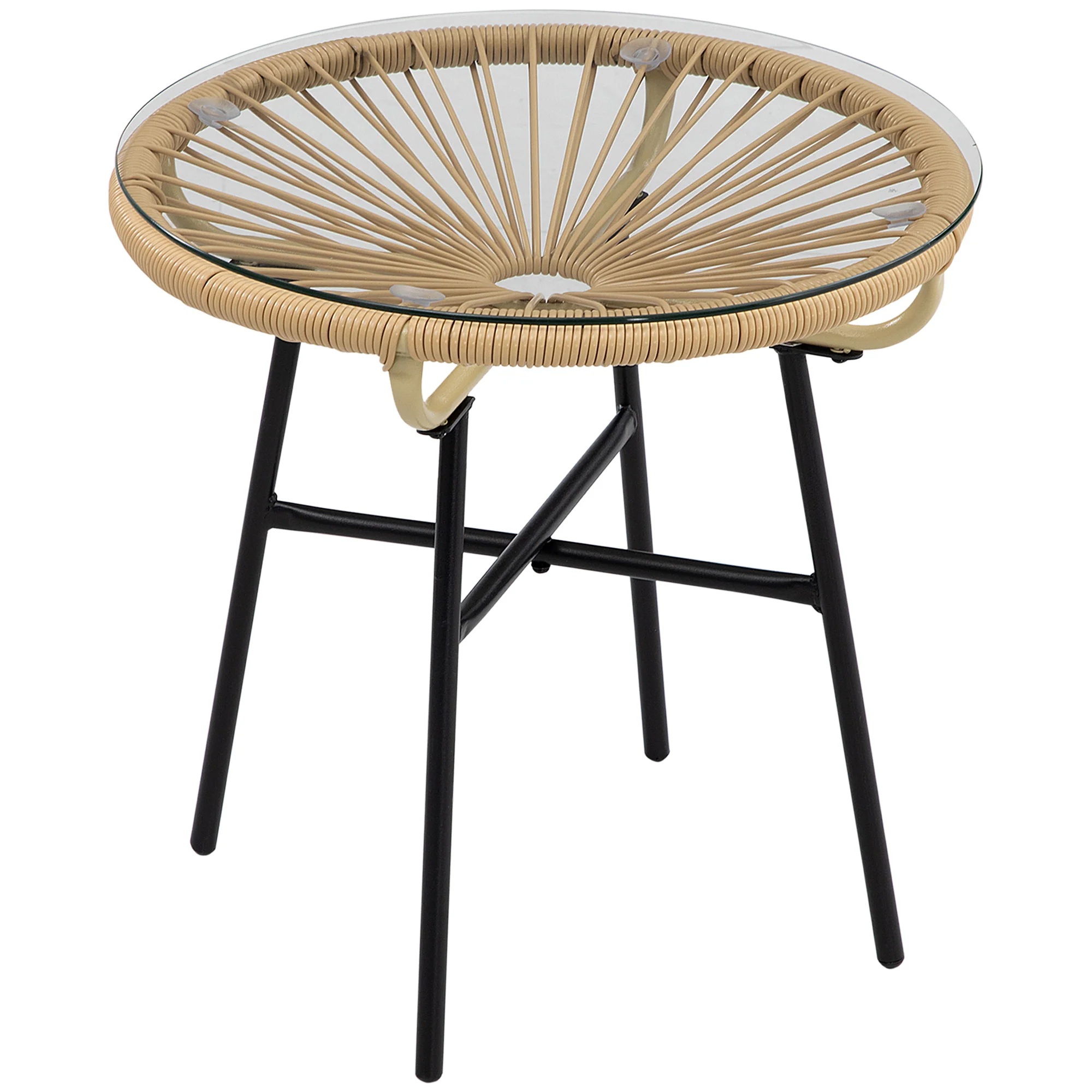 Outsunny Rattan Side Table W/ Tempered Glass Tabletop, Black