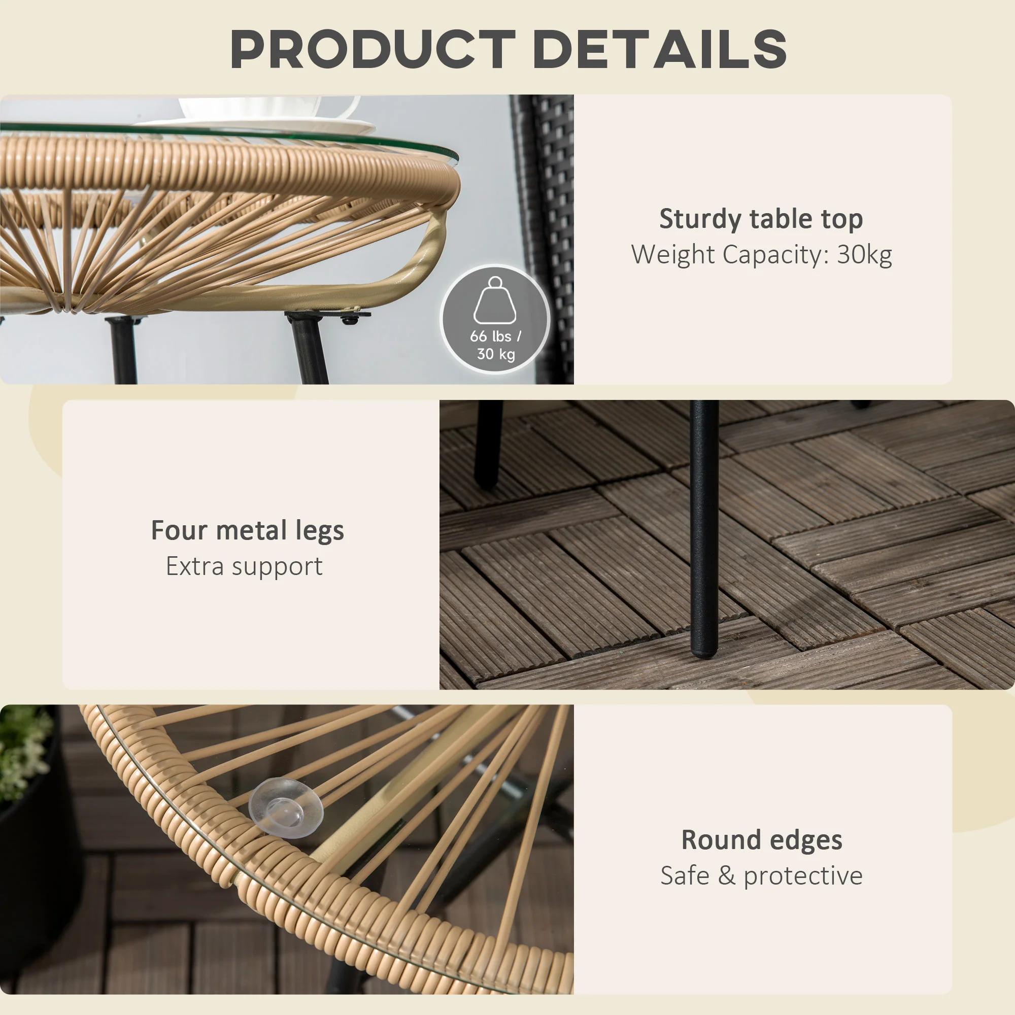 Outsunny Rattan Side Table W/ Tempered Glass Tabletop, Black - Image 6
