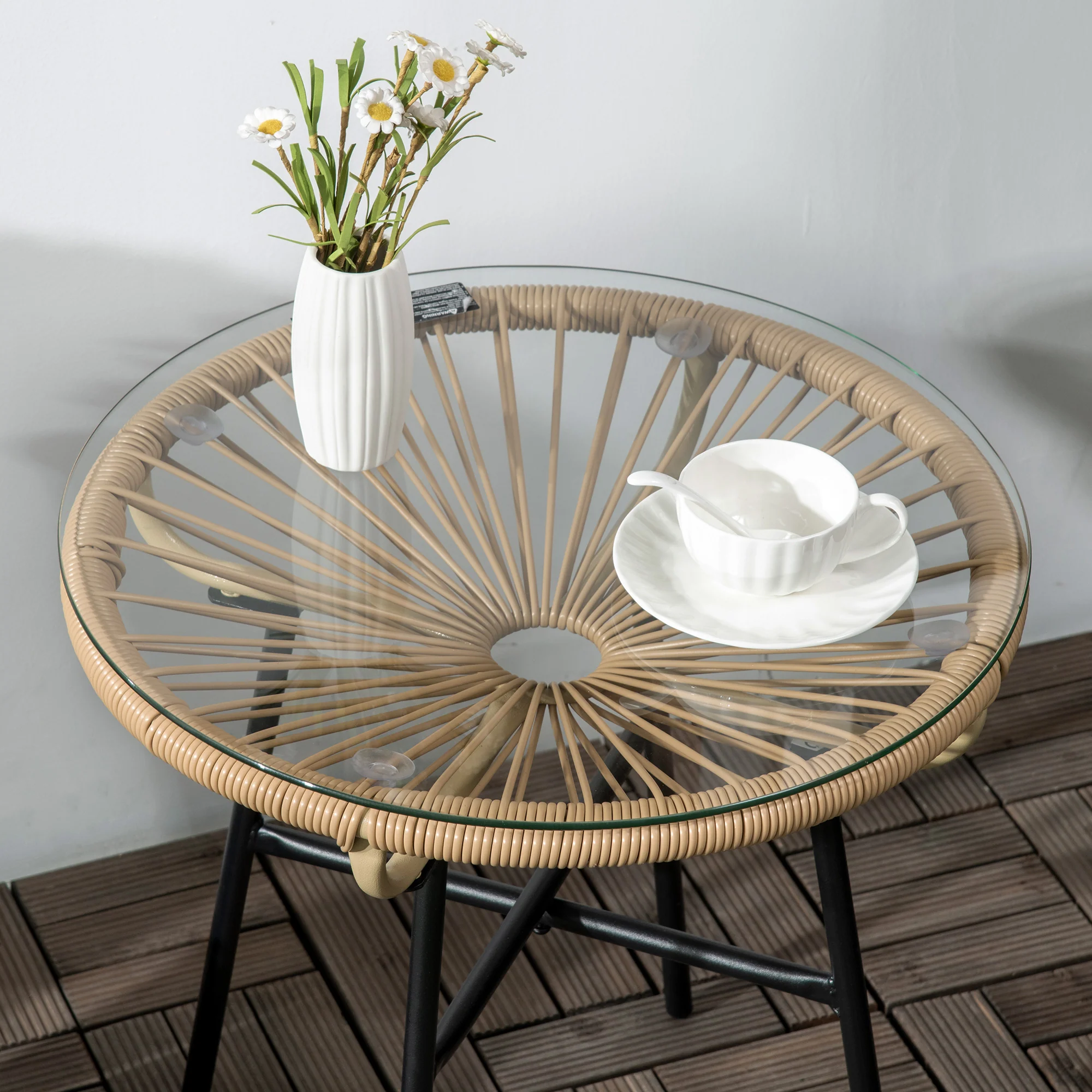 Outsunny Rattan Side Table W/ Tempered Glass Tabletop, Black - Image 9