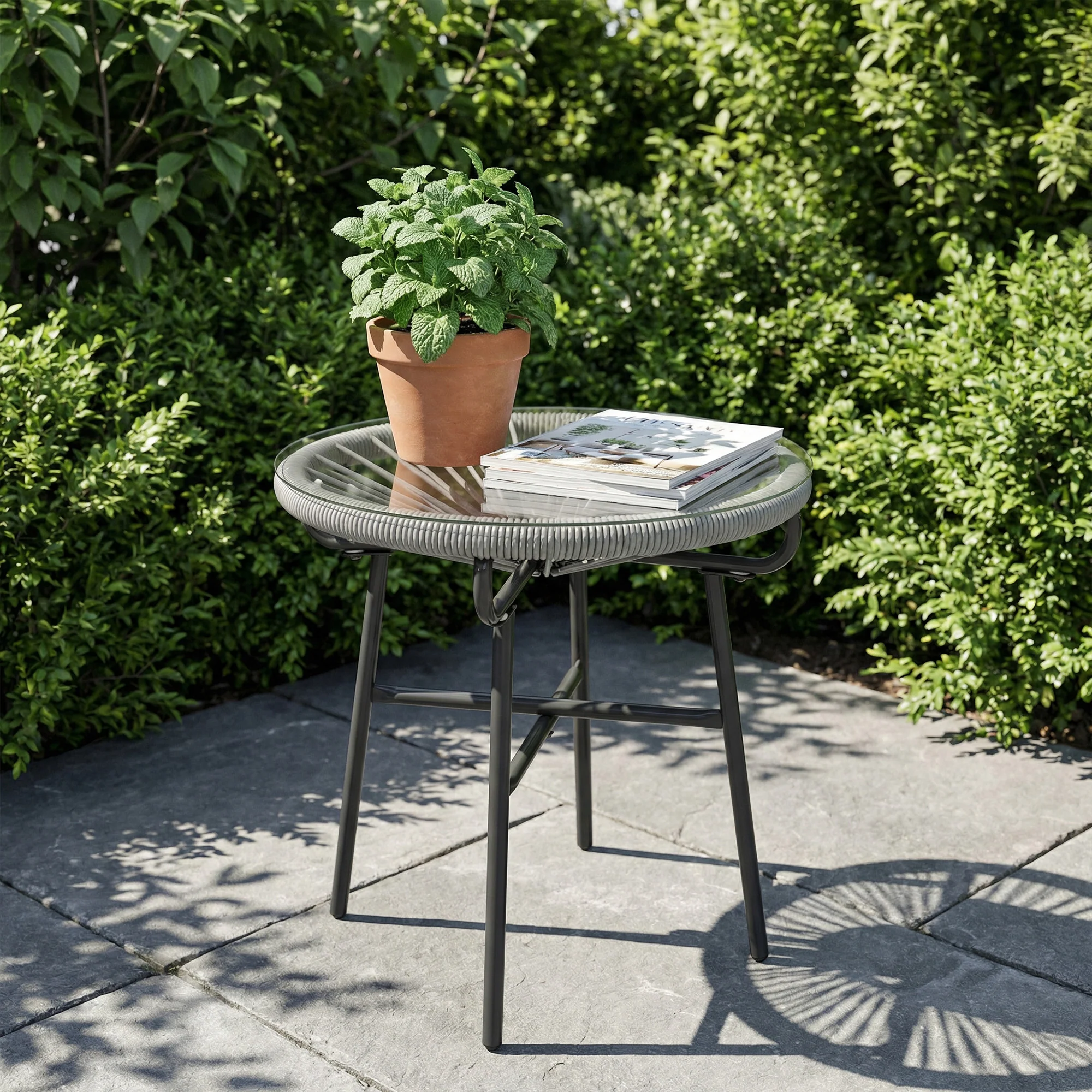 Outsunny Rattan Side Table W/ Tempered Glass Tabletop, Light Grey - Image 9