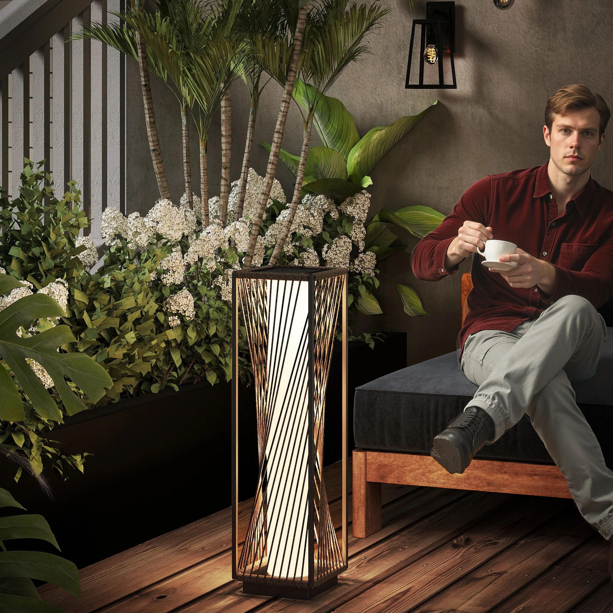 Outsunny Rattan Solar Floor Lamp, Auto On/Off LED Garden Lights, Grey - Image 2