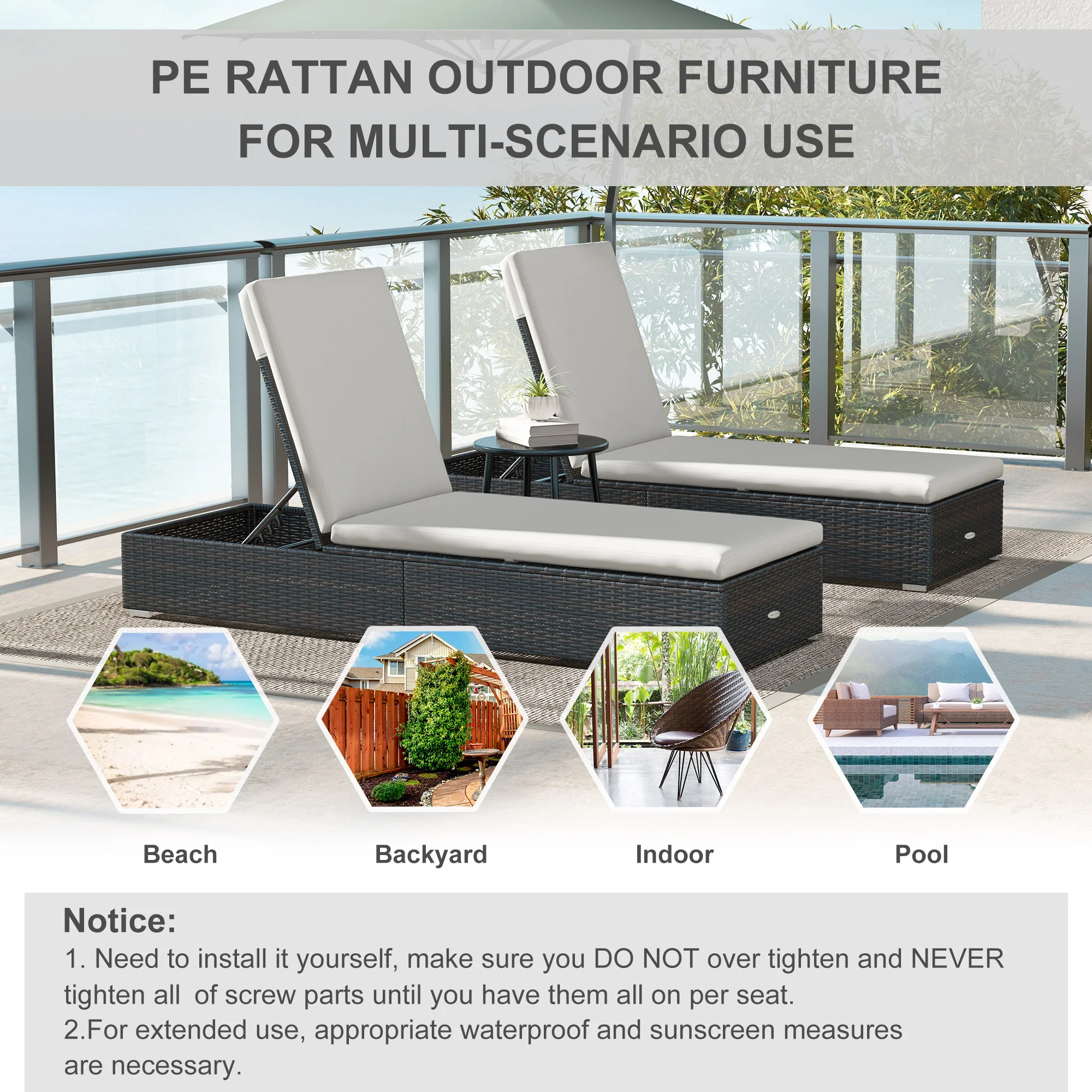 Outsunny Rattan Sun Loungers Set of 2, Recliner Chairs, Adjustable Back, Brown - Image 7