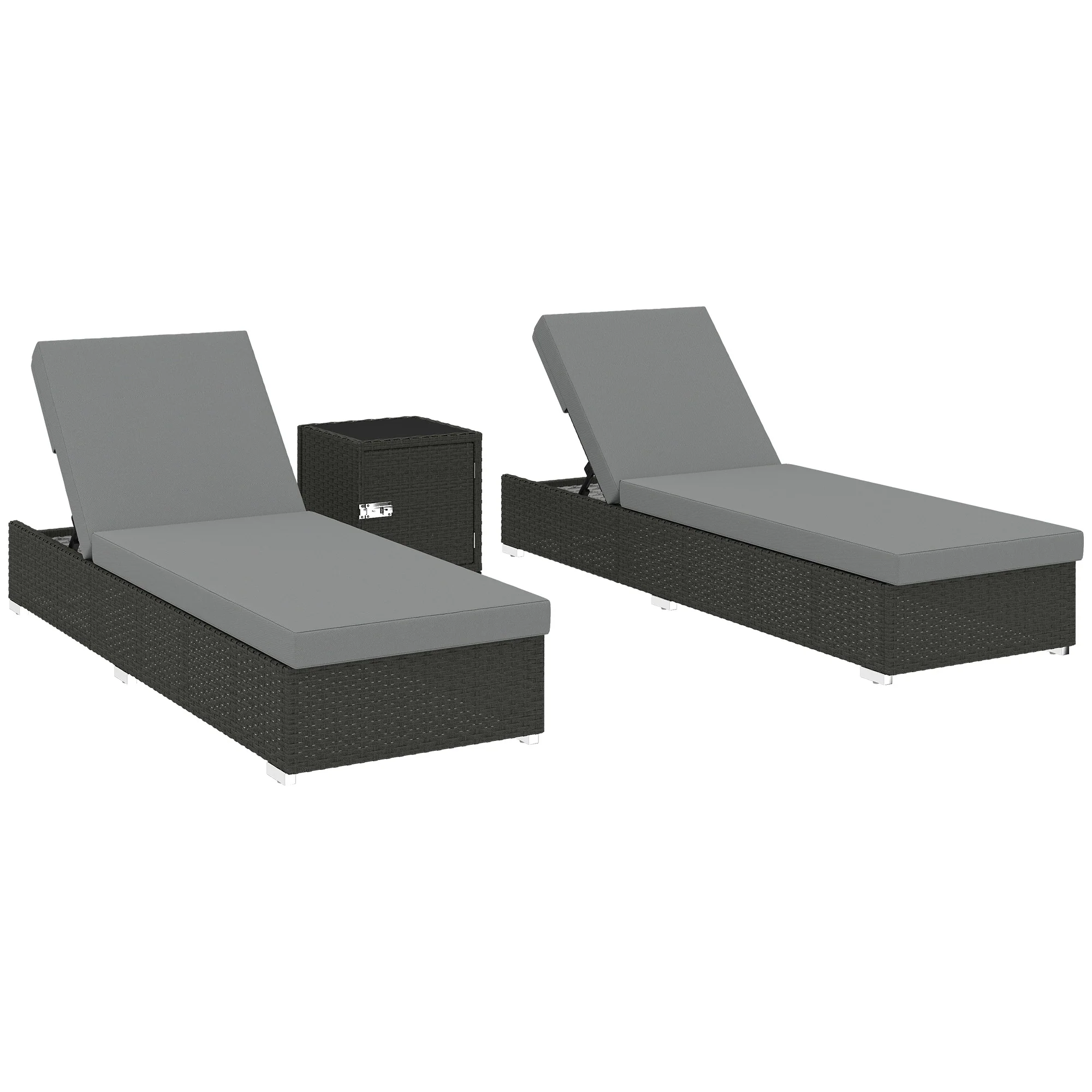 Outsunny Rattan Sun Loungers Set of 2 with Side Table, Dark Grey
