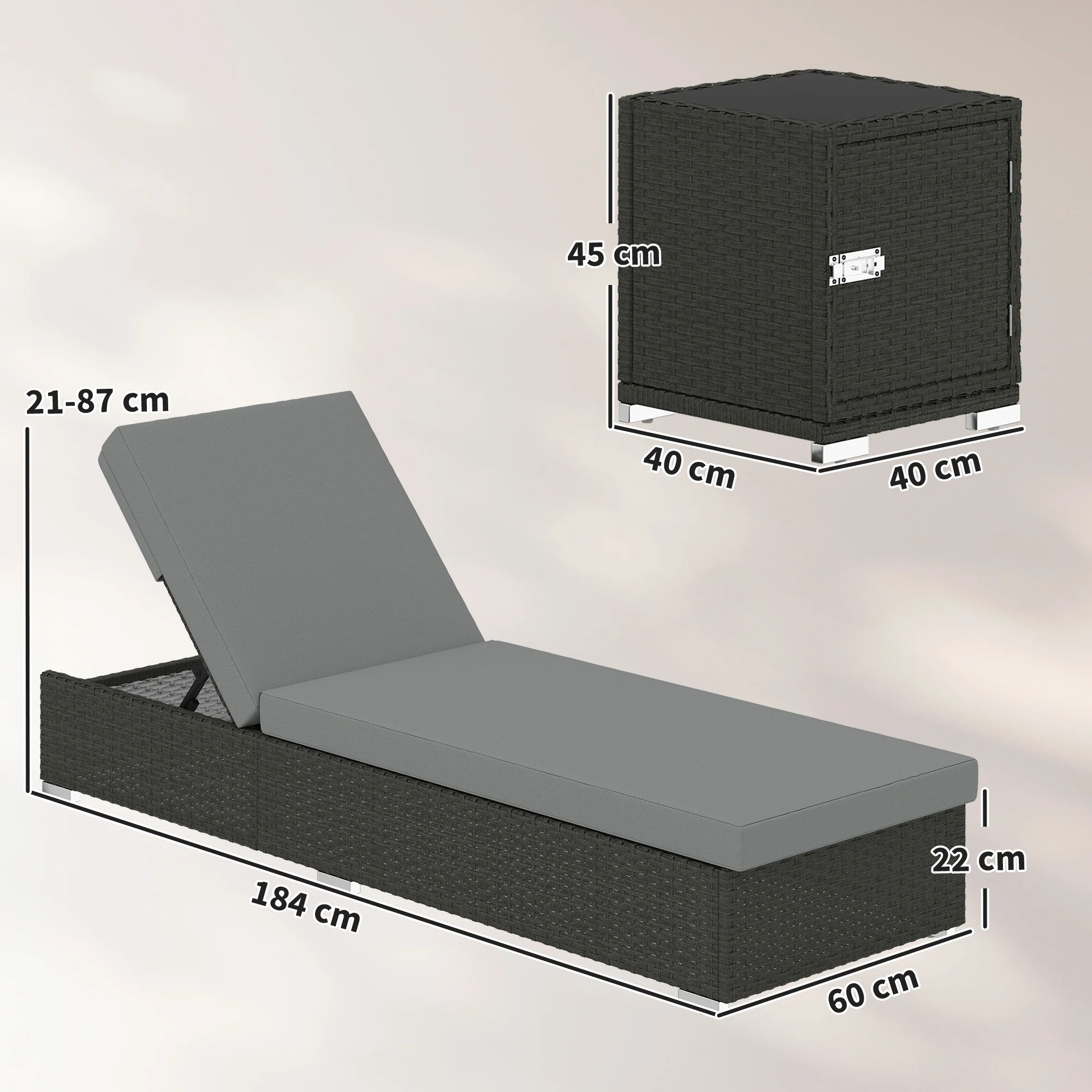 Outsunny Rattan Sun Loungers Set of 2 with Side Table, Dark Grey - Image 3