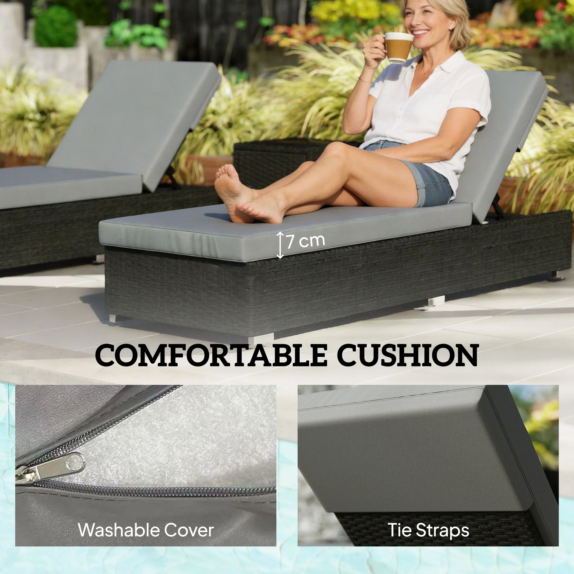 Outsunny Rattan Sun Loungers Set of 2 with Side Table, Dark Grey - Image 5